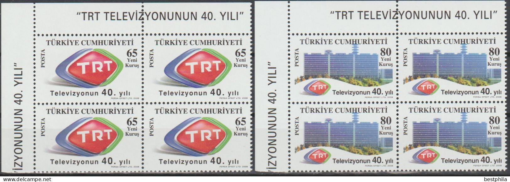 Turkey, Turkei - 2008 - 40th Anniversary Of TRT Television Channel - Block Of 4 Set ** MNH - Unused Stamps