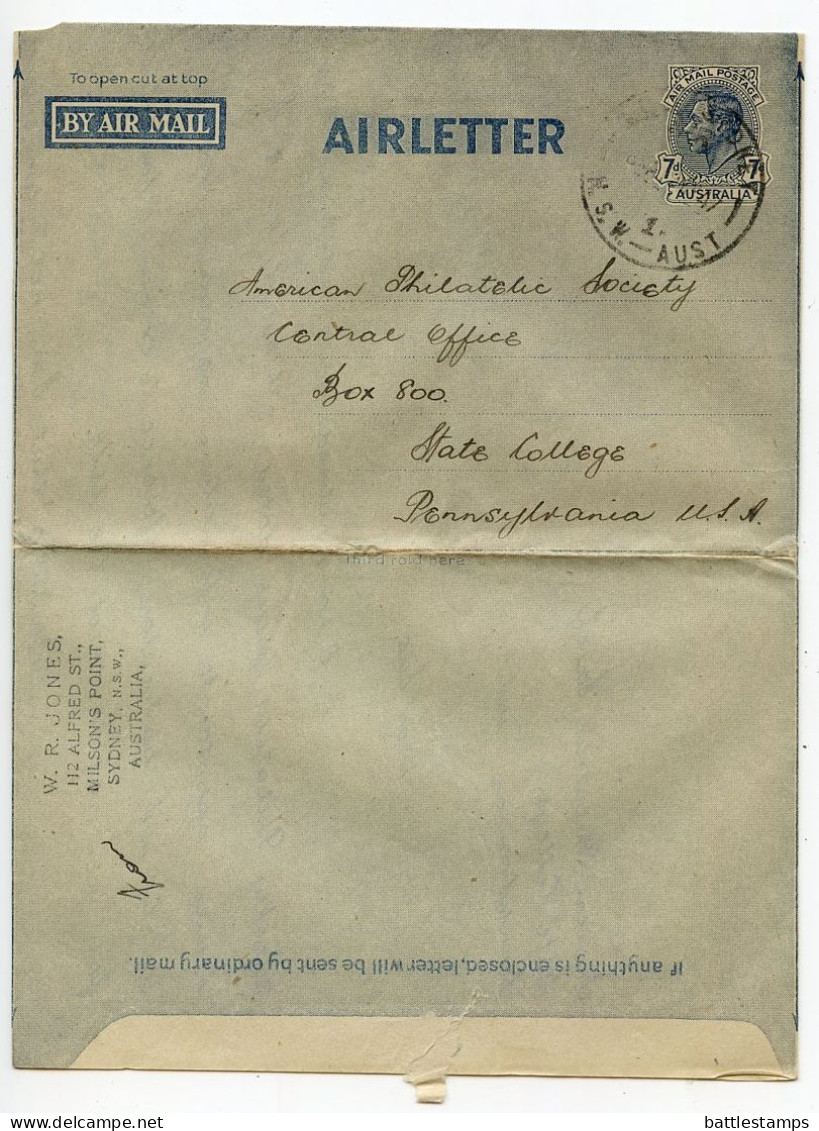 Australia 1947 7p. King George VI Aerogramme / Air Letter; Sydney, NSW To State College, Pennsylvania, United States - Luchtpostbladen