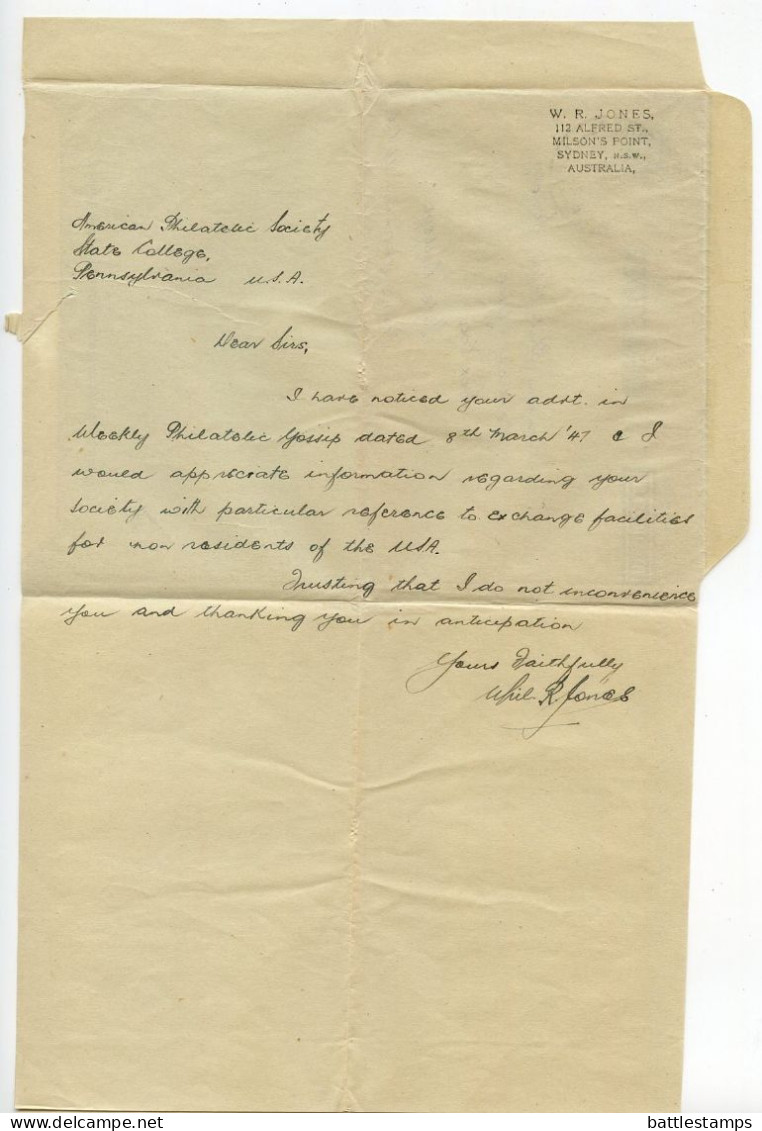 Australia 1947 7p. King George VI Aerogramme / Air Letter; Sydney, NSW To State College, Pennsylvania, United States - Aerogramme