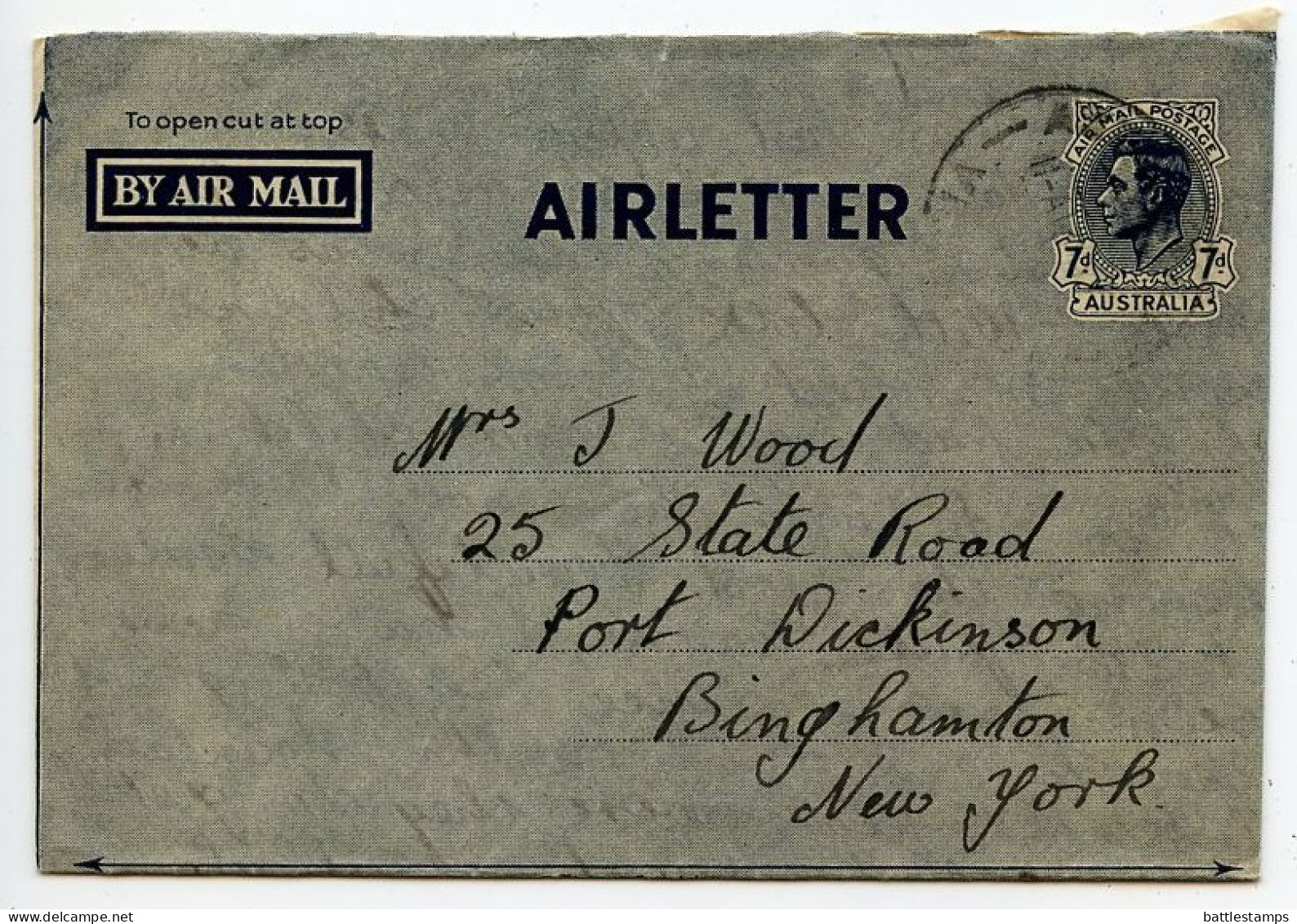 Australia 1940's 7p. King George VI Aerogramme / Air Letter; Melbourne, Victoria To Binghamton, New York, United States - Aerogrammi