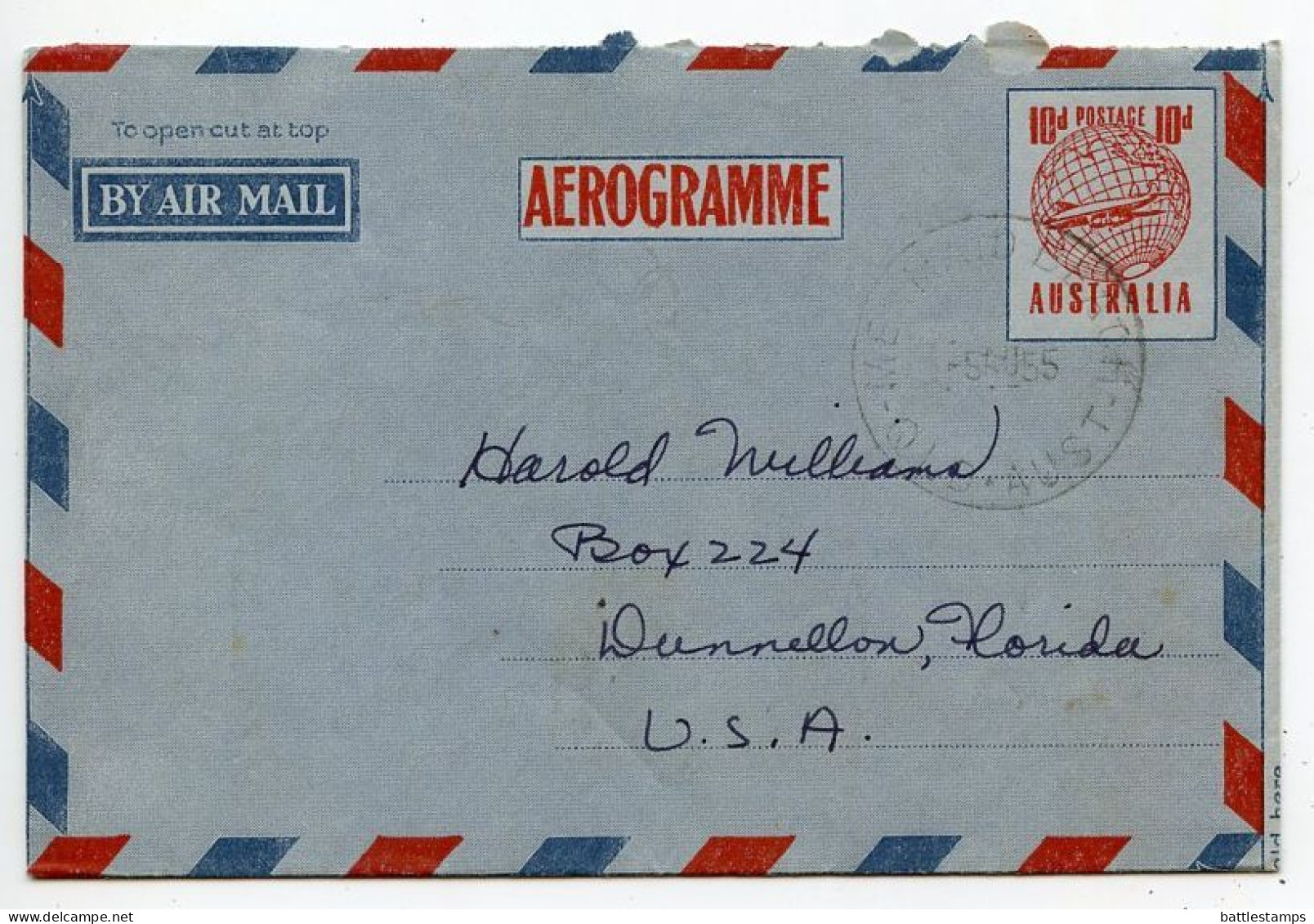 Australia 1955 10p. Plane Over Globe Aerogramme / Air Letter; Mermaid Beach, Queensland To Dunnellon, Florida, U.S. - Aérogrammes