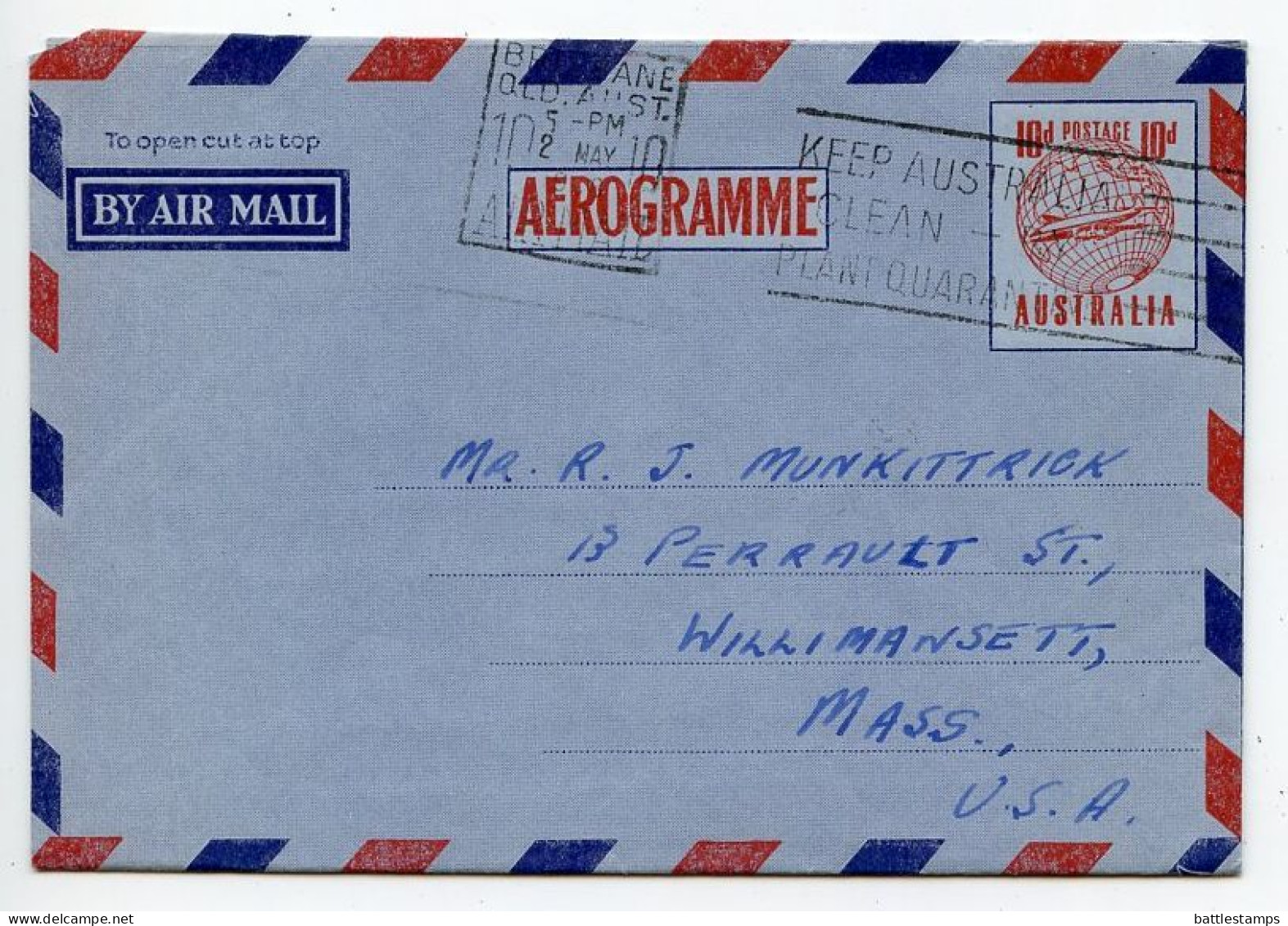 Australia 1958 10p. Plane Over Globe Aerogramme / Air Letter; Brisbane, Queensland To Willimansett, Massachusetts, U.S. - Aérogrammes