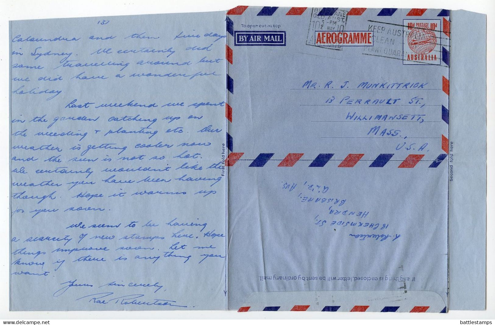 Australia 1958 10p. Plane Over Globe Aerogramme / Air Letter; Brisbane, Queensland To Willimansett, Massachusetts, U.S. - Luchtpostbladen