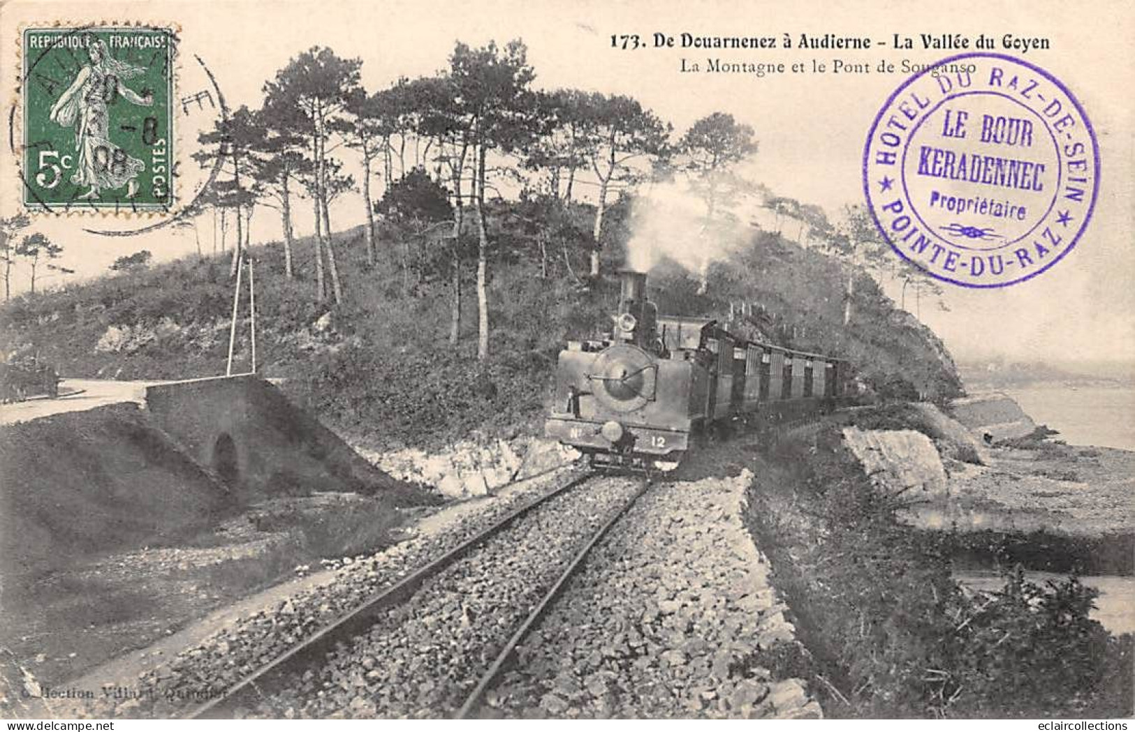 Audierne         29        La Montagne Et Le Pont De Souganso  - Train -   Cachet De L'Hôtel      (voir Scan) - Audierne