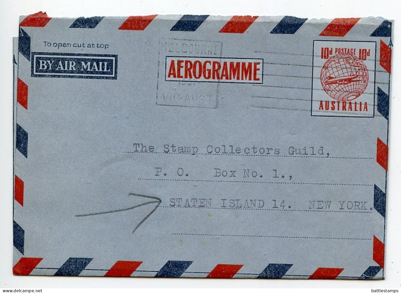 Australia 1957 10p. Plane Over Globe Aerogramme / Air Letter; Melbourne, Victoria To Staten Island, New York, U.S. - Aerogramme