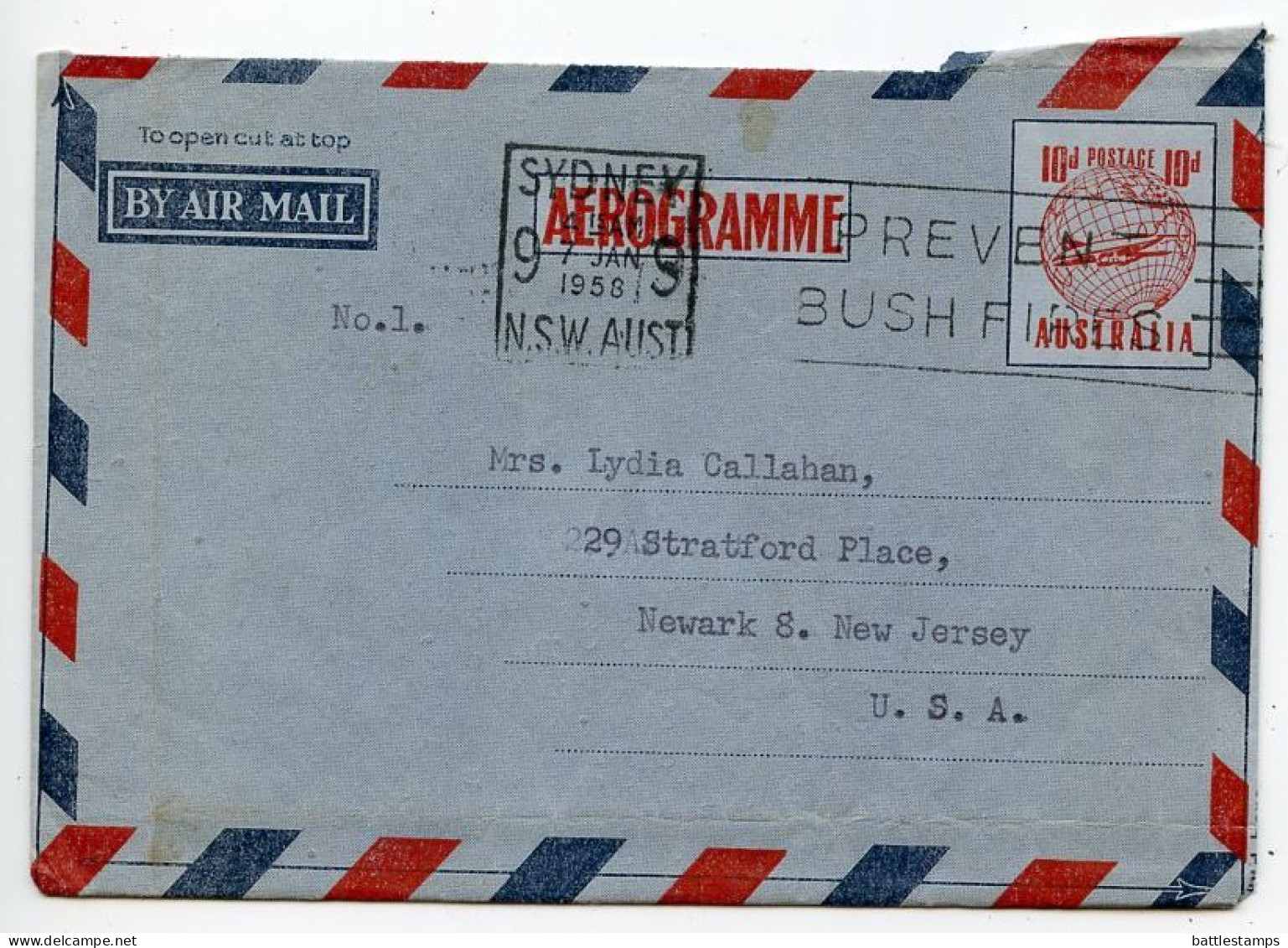 Australia 1958 10p. Plane Over Globe Aerogramme / Air Letter; Sydney, NSW To Newark, New Jersey, United States - Luchtpostbladen