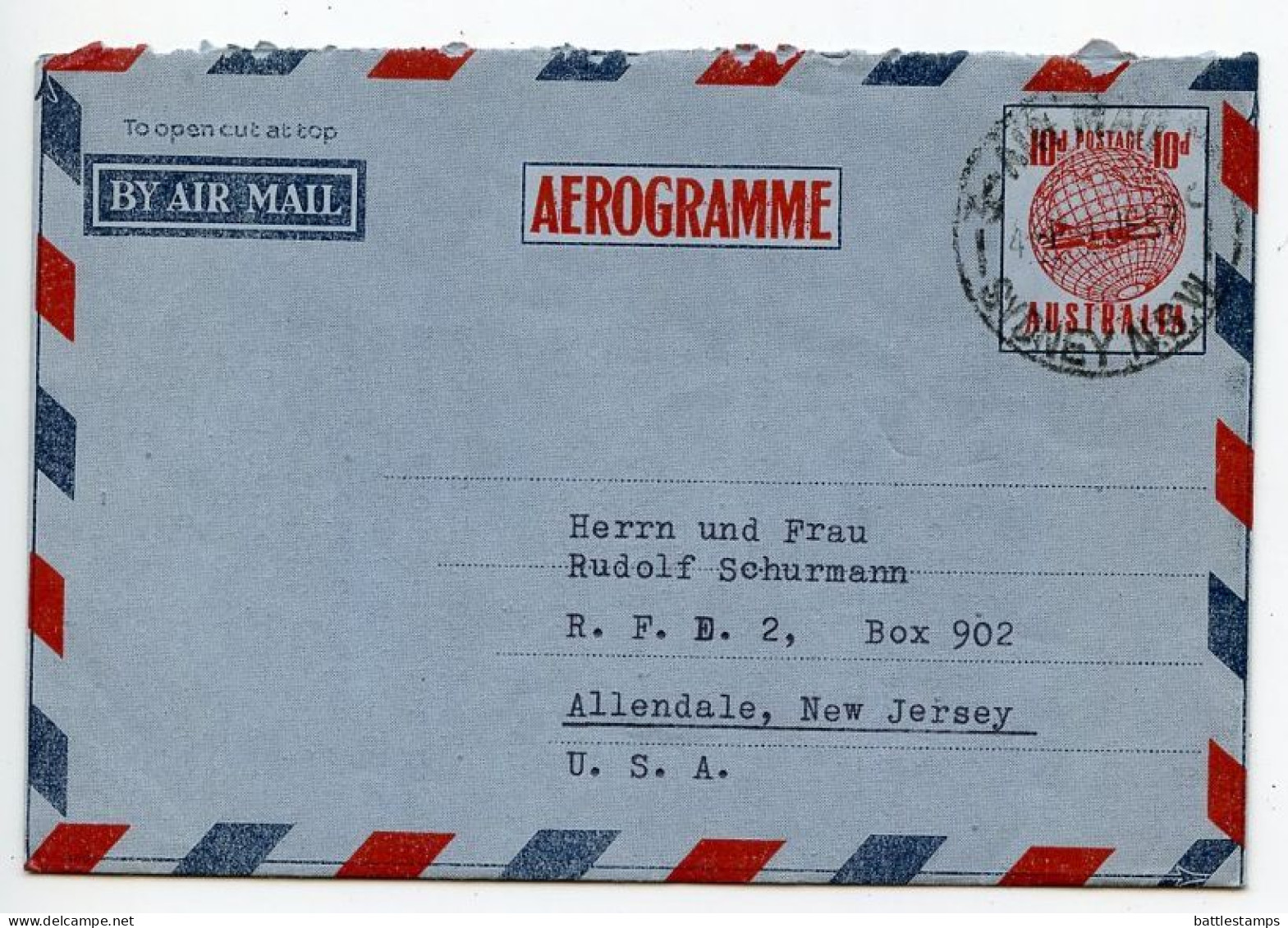 Australia 1957 10p. Plane Over Globe Aerogramme / Air Letter; Sydney, NSW To Allendale, New Jersey, United States - Luchtpostbladen