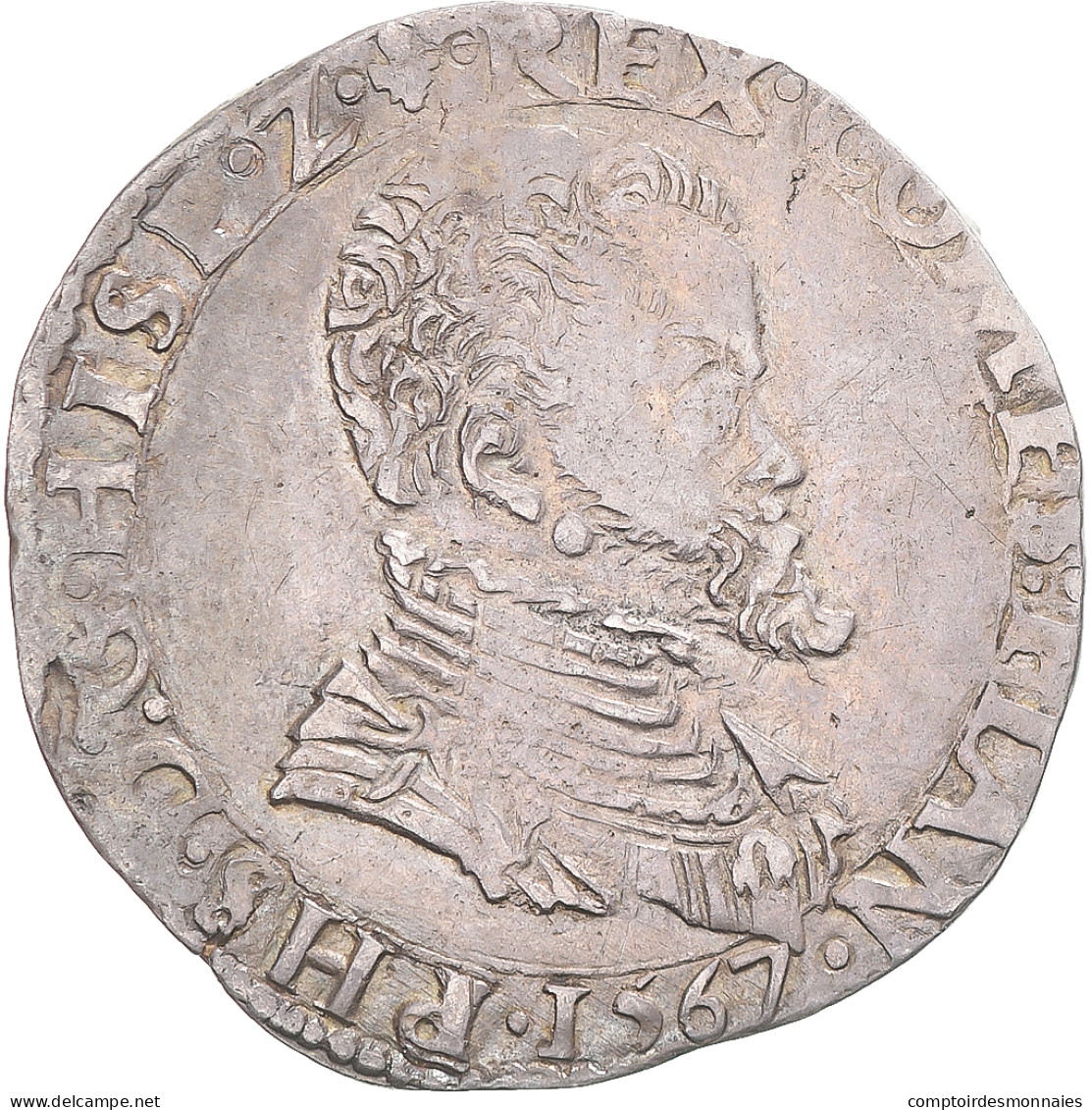 Monnaie, Pays-Bas Espagnols, Philippe II, 1/5 Ecu, 1567, Bruges, TB+, Argent - Spanish Netherlands