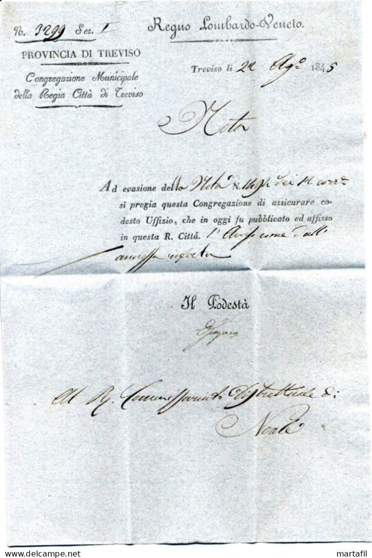 Regno LOMBARDO-VENETO Lettera 1845 Da TREVISO Per NOALE (27 Agosto - 29 Agosto) - 1. ...-1850 Prephilately