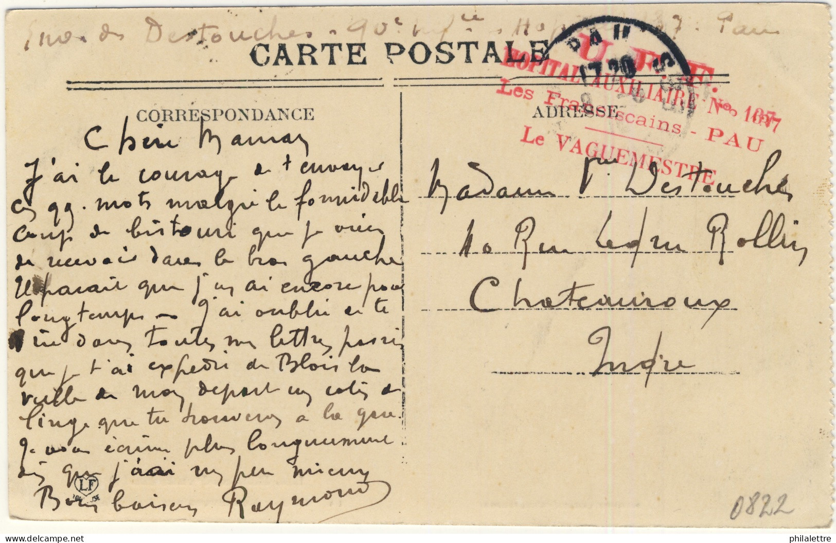 FRANCE - 191? - Cachet De L'Hôpital Auxiliaire N°137 "Les Franciscains" De PAU Sur CPA Pour Châteauroux, Indre - Guerra Del 1914-18