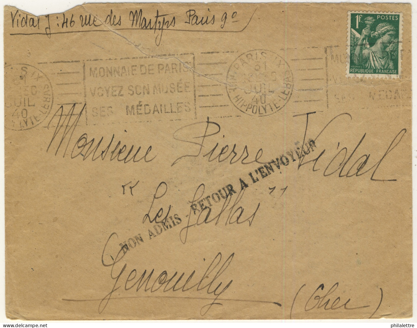 FRANCE - 1940 - Cachet "NON ADMIS - RETOUR A L'ENVOYEUR" Sur LSC De Paris à Genouilly (Cher) - Oorlog 1939-45