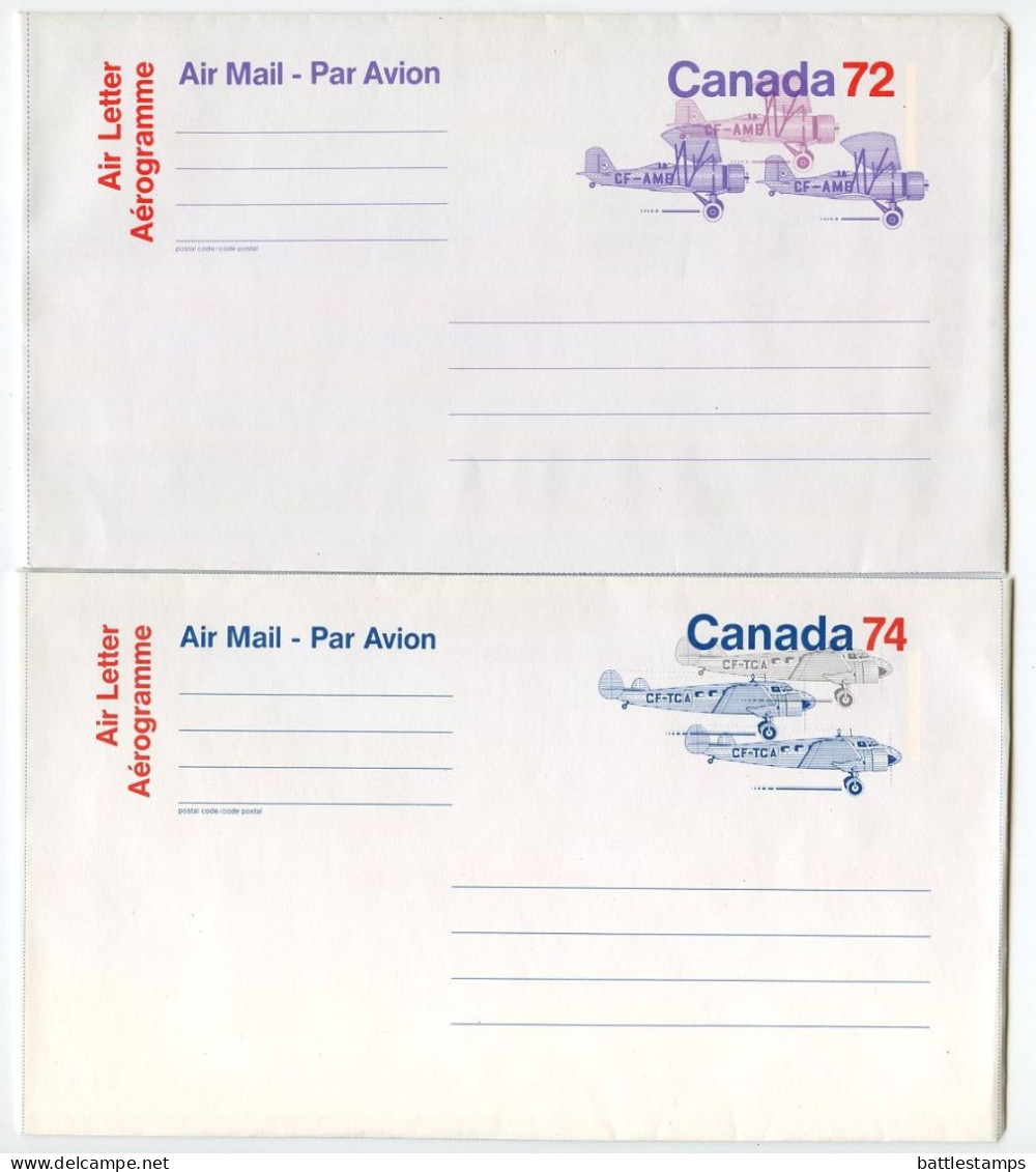 Canada 1980's 2 Different Mint Aerogrammes / Air Letters - 72c. & 74c. Various Airplanes - 1860-1899 Regering Van Victoria