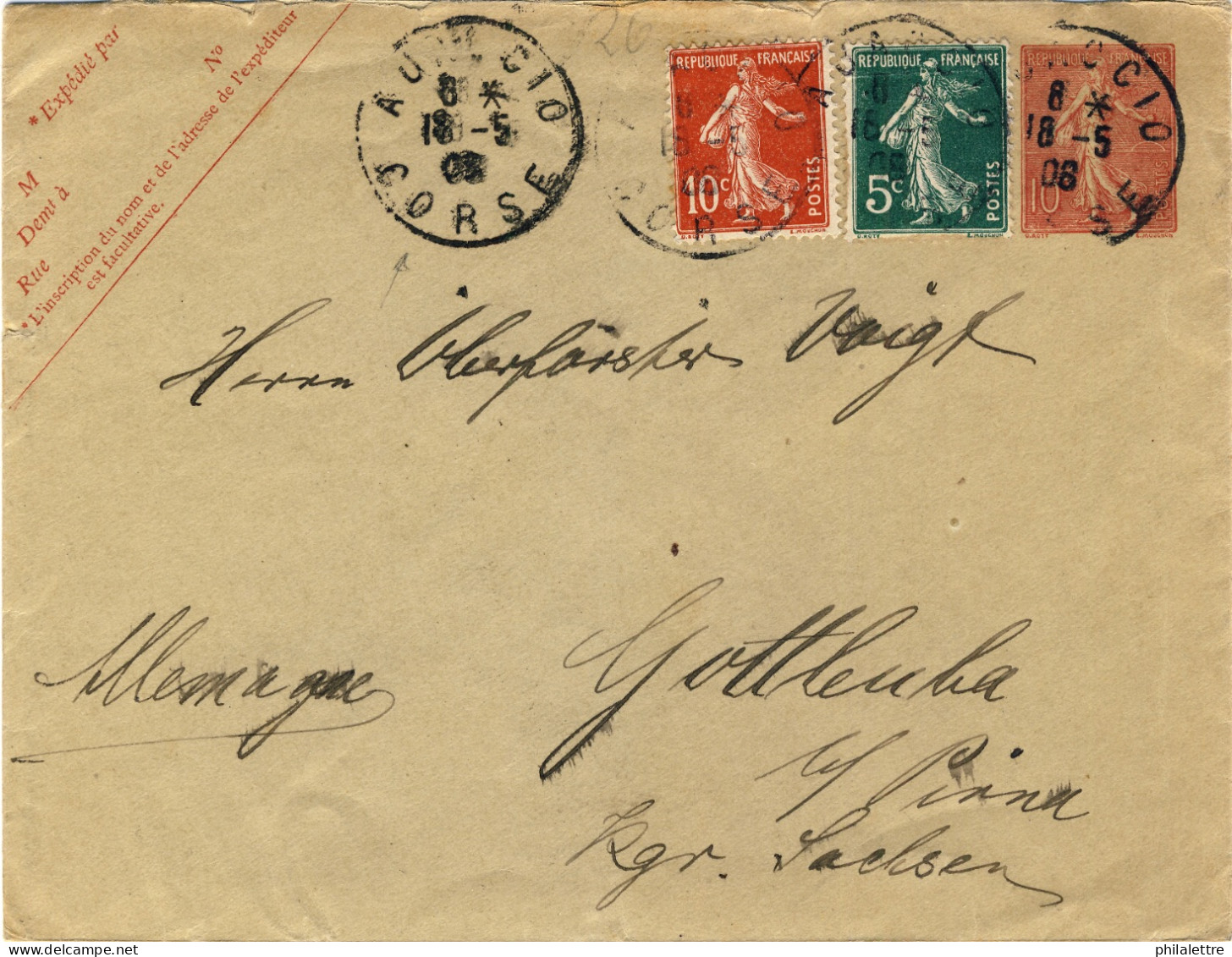 FRANCE - 1908 Enveloppe 10c Semeuse Lignée +5c & 10c Semeuse D'AJACCIO,Corse Pour L'Allemagne - Standard Covers & Stamped On Demand (before 1995)