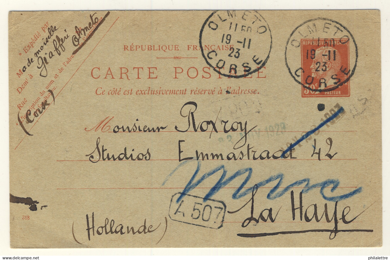 FRANCE - 1923 CP 30c Pasteur Obl. "OLMETO / CORSE" Pour La HAYE, Pays-Bas - Standard Postcards & Stamped On Demand (before 1995)