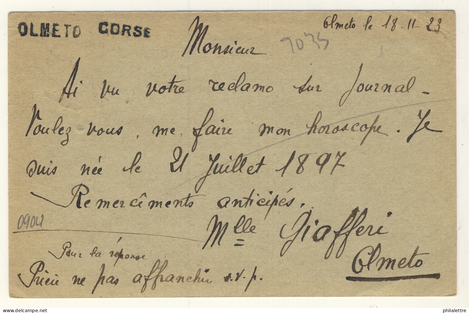 FRANCE - 1923 CP 30c Pasteur Obl. "OLMETO / CORSE" Pour La HAYE, Pays-Bas - Standaardpostkaarten En TSC (Voor 1995)