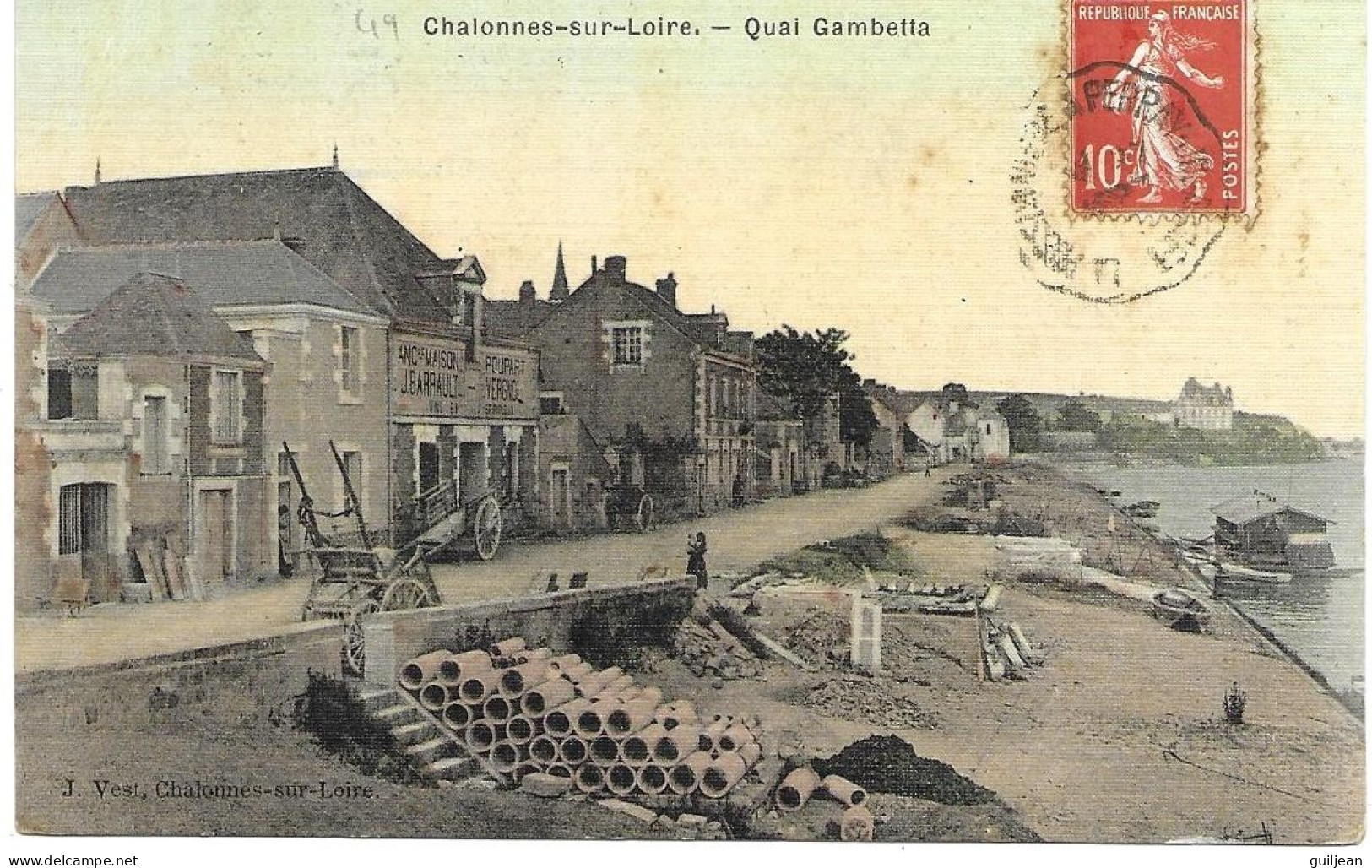 49 MAINE ET LOIRE - CHALONNES-SUR-LOIRE - Quai Gambetta - Carte Toilée Colorisée - Circulé 1911 - N°3  J.Vest, Chalonnes - Chateauneuf Sur Sarthe