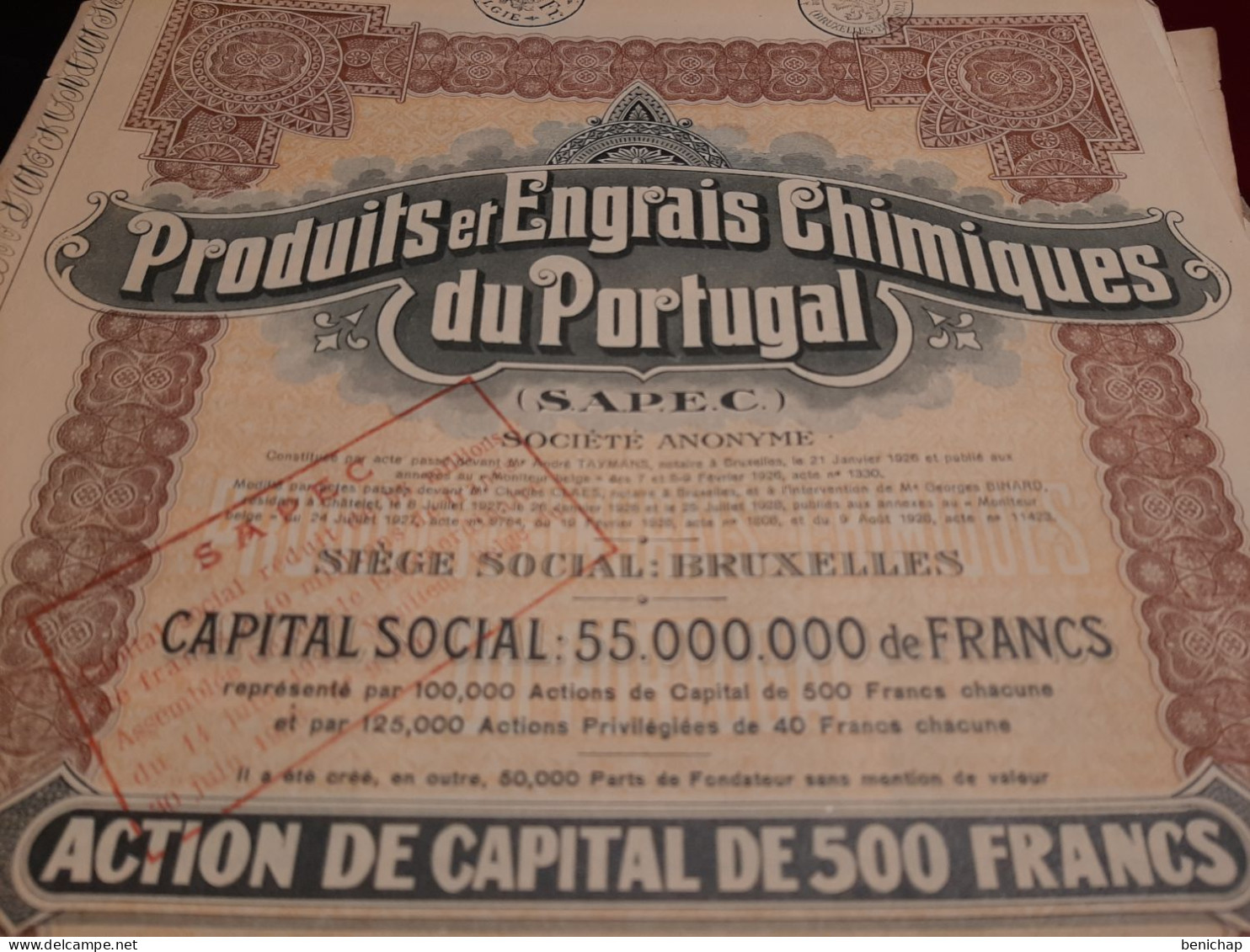 Produits Et Engrais Chimiques Du Portugal - S.A.P.E.C. - Action De Capital De 500 Frs. Au Porteur - Bruxelles Août 1928. - Industrie