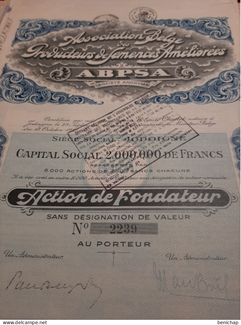 Association Belge Des Producteurs De Semences Améliorées - A.B.P.S.A. - Action De Fondateur Au Porteur - Jodoigne 1927. - Landwirtschaft