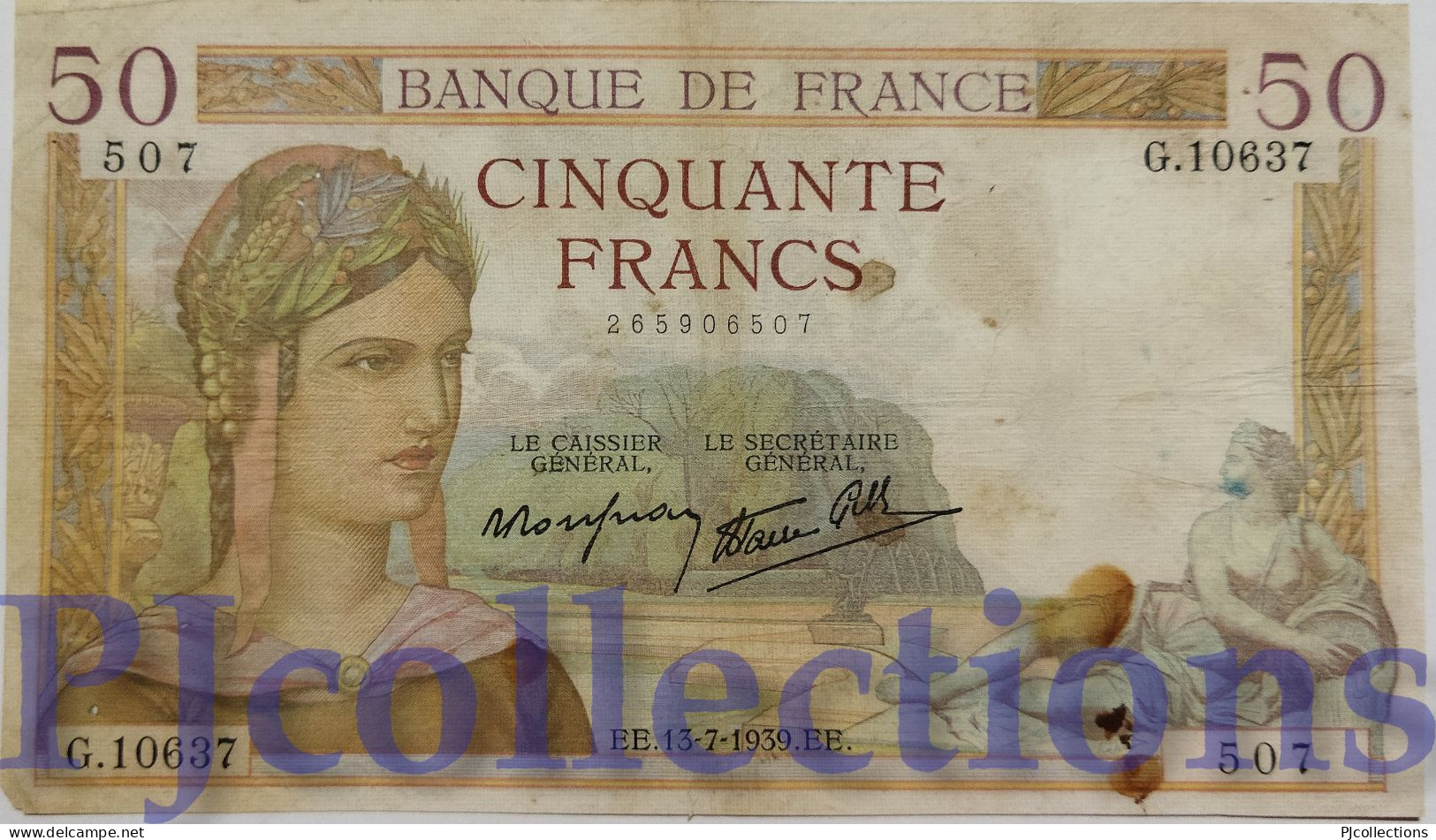 FRANCE 50 FRANCS 1937 PICK 85b FINE W/PINHOLES - 50 F 1934-1940 ''Cérès''