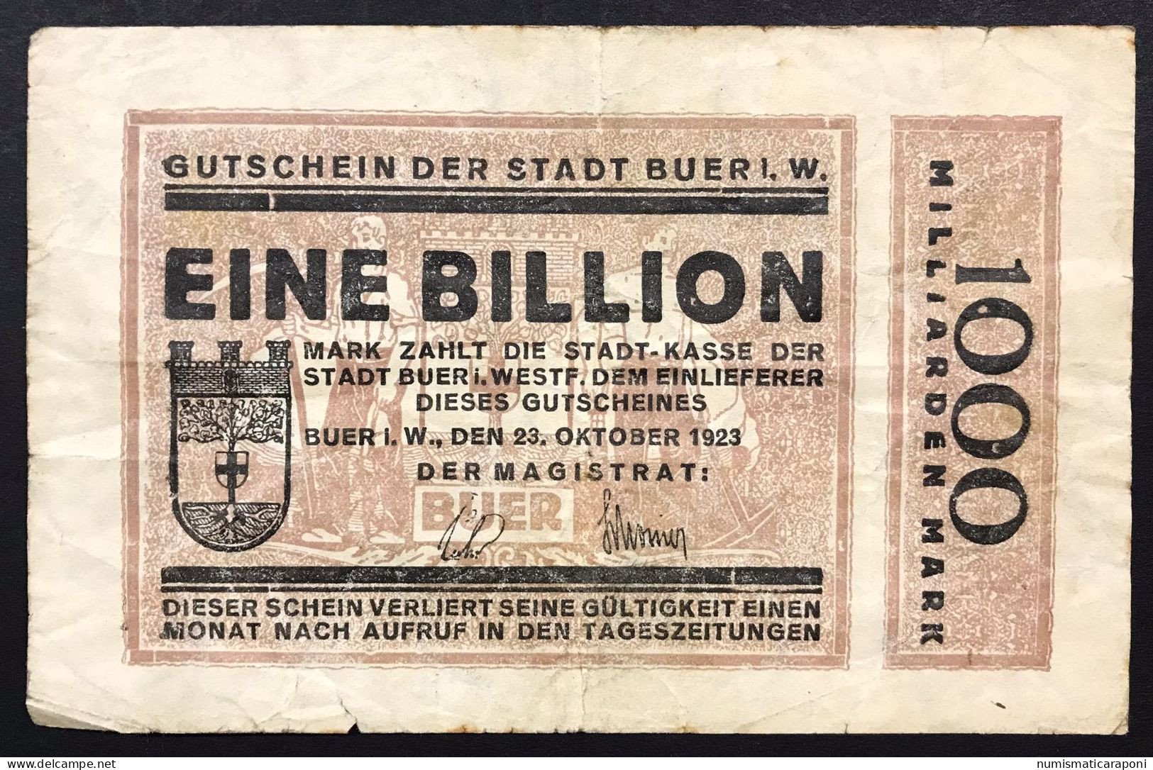 GERMANIA ALEMANIA GERMANY  Buer Westfalia 1000 Miliardi Di Marchi 1923 Eine Billion LOTTO 4515 - Administration De La Dette