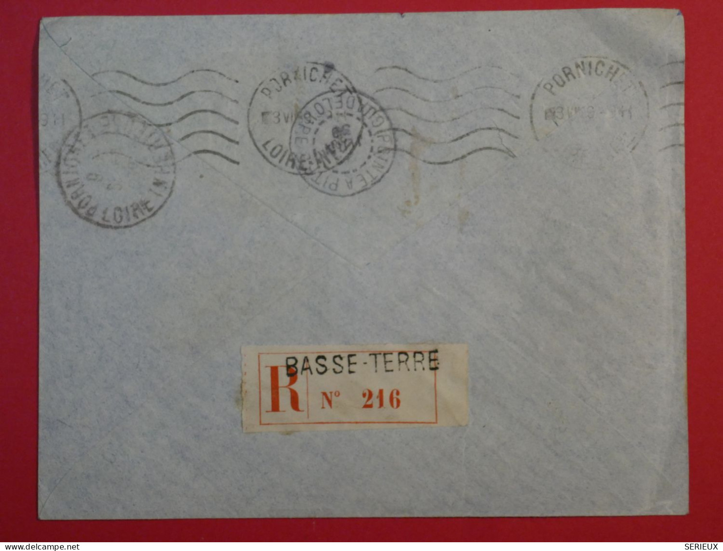 C GUADELOUPE FRANCE  BELLE LETTRE RECOM.  1939 1ER VOL  BASSE TERRE PARIS A   PORNICHET VIA TERRE NEUVE+N° 130.132+++ - Poste Aérienne