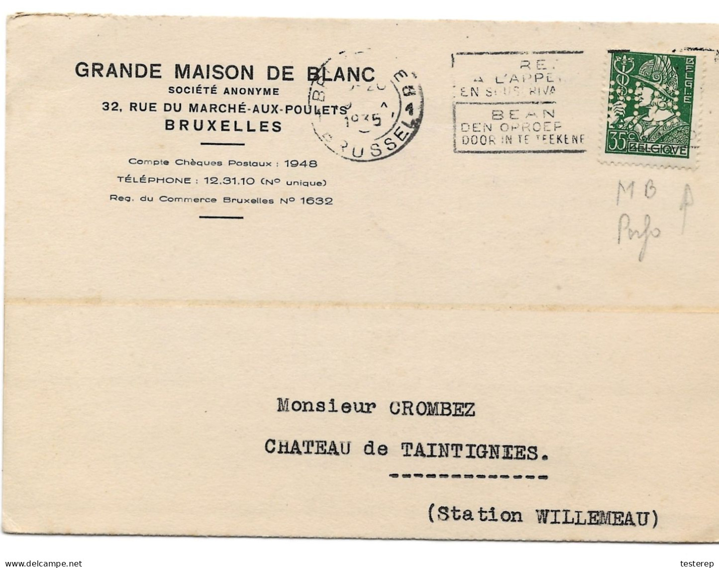 N° 340 35 Ct. Perforé M B Grande Maison Du Blanc   19 Oct 1935 - 1932 Ceres And Mercurius