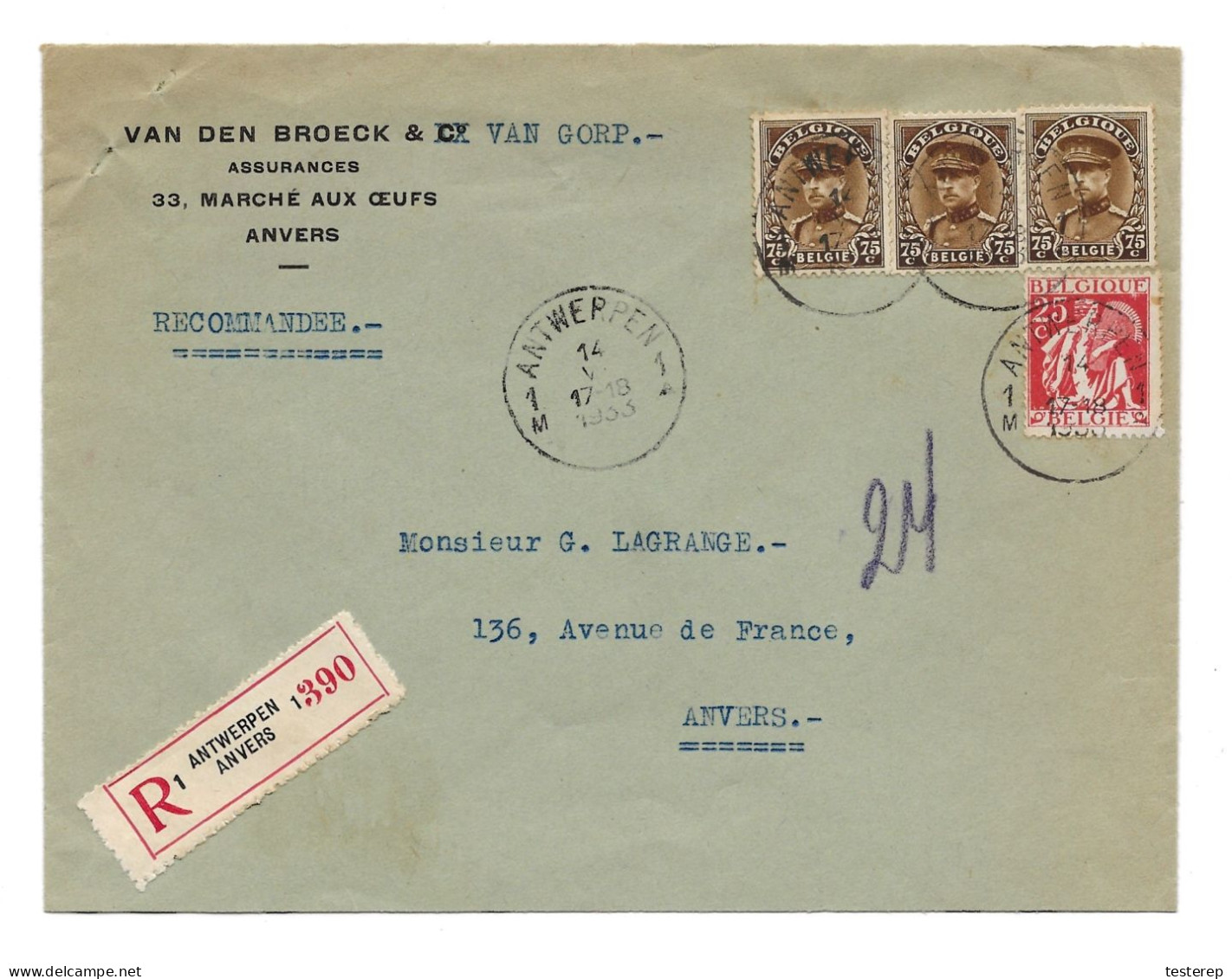N° 339 + 3 X 341 (75 Ct Alb.Kepi) Recom. Antwerpen 14.VI.1933 - 1932 Cérès Et Mercure