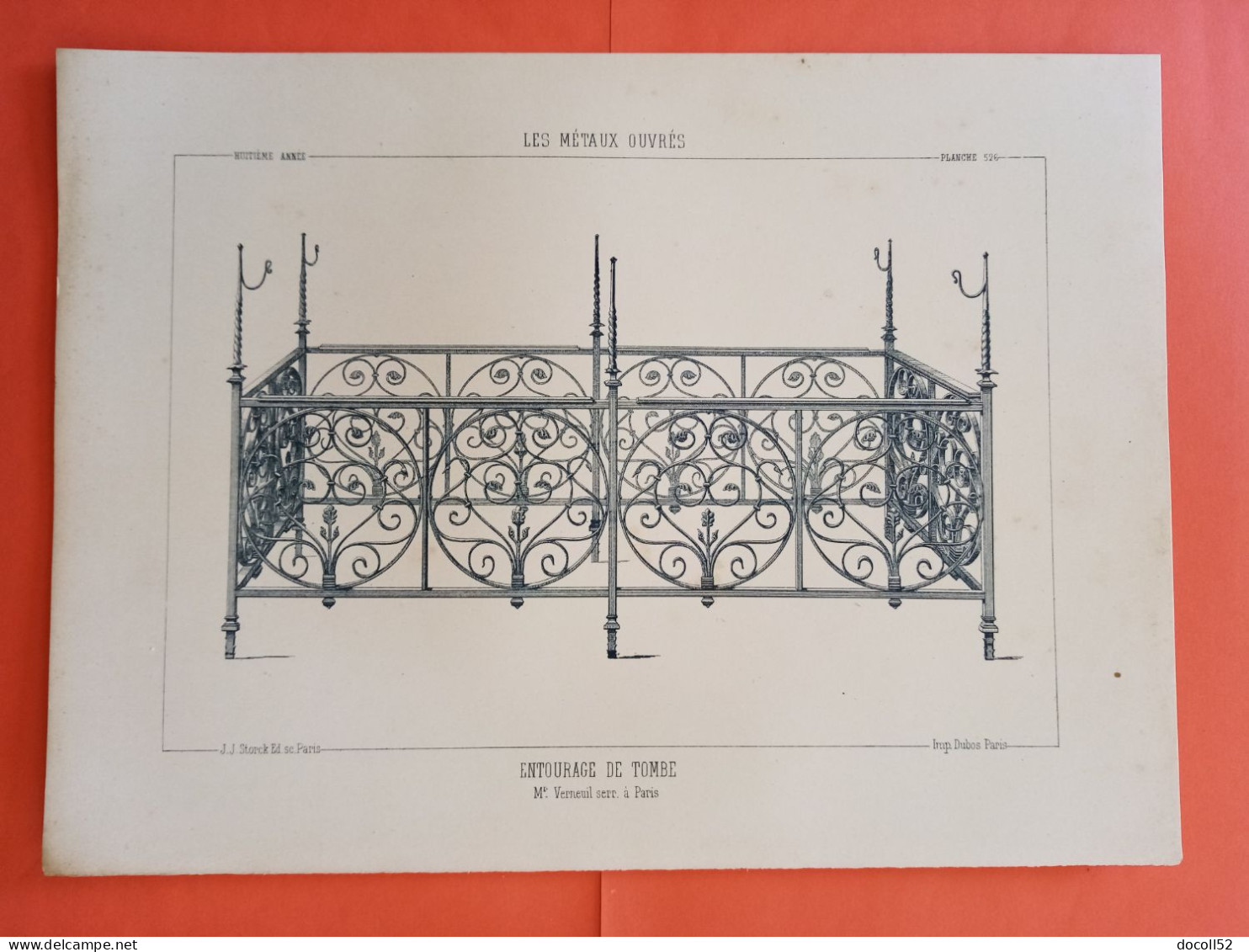 LES METAUX OUVRES 1889 LITHO FER FONTE CUIVRE ZINC " Entourage De Tombe Mr Verneuil Serrurier à Paris " 1 PLANCHE - Architecture