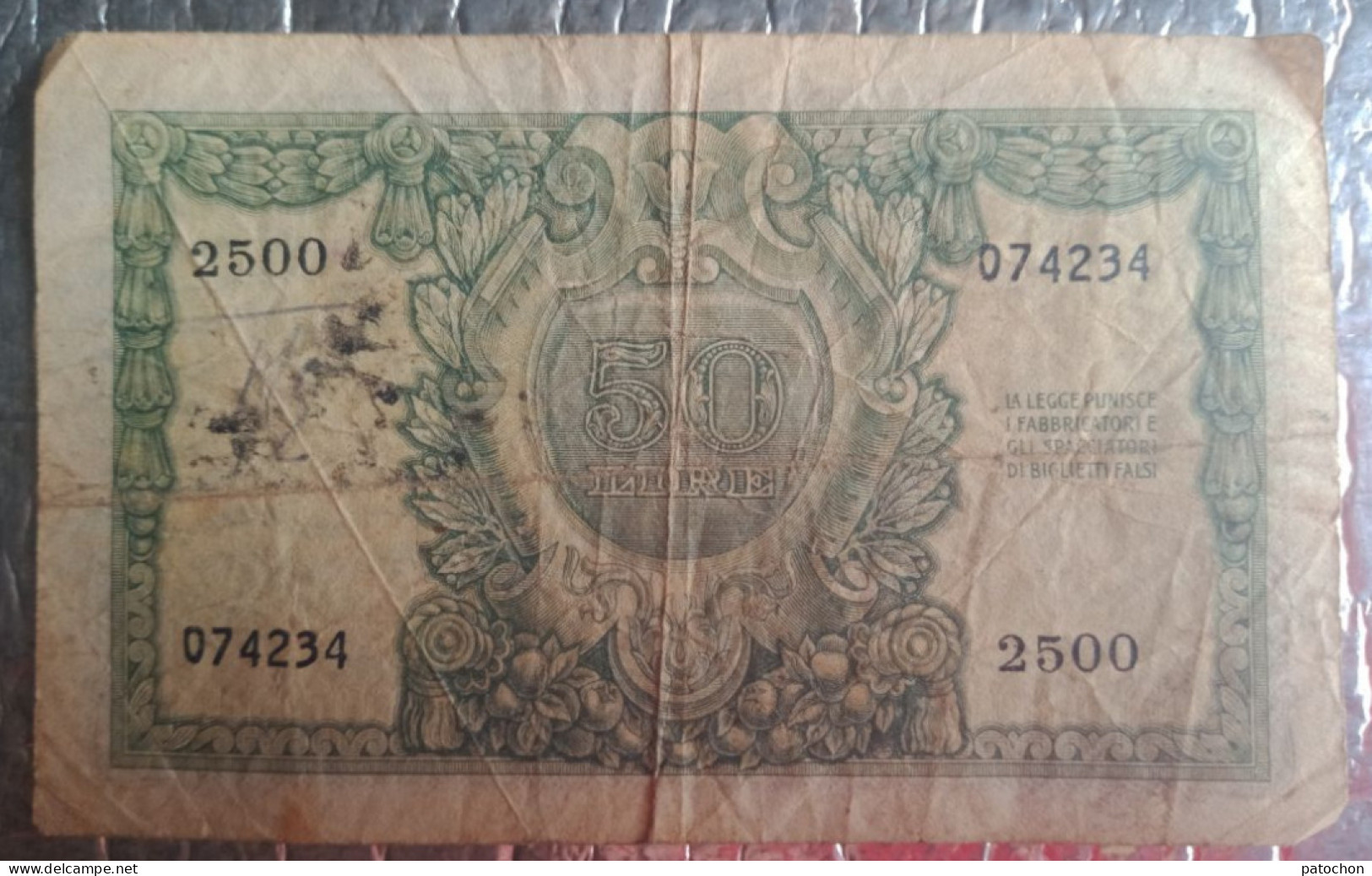 1 Banknote Billet ITALIA 50 Lire E.Vangelli 1951 E.PIZZI Série 2500 N°074234 - 50 Liras