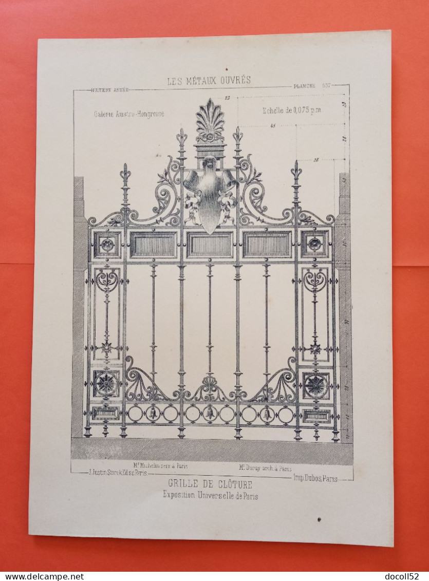 LES METAUX OUVRES 1889 LITHO FER FONTE CUIVRE ZINC " Grille De Cloture Exposition Universelle De Paris " 1 PLANCHE - Architecture