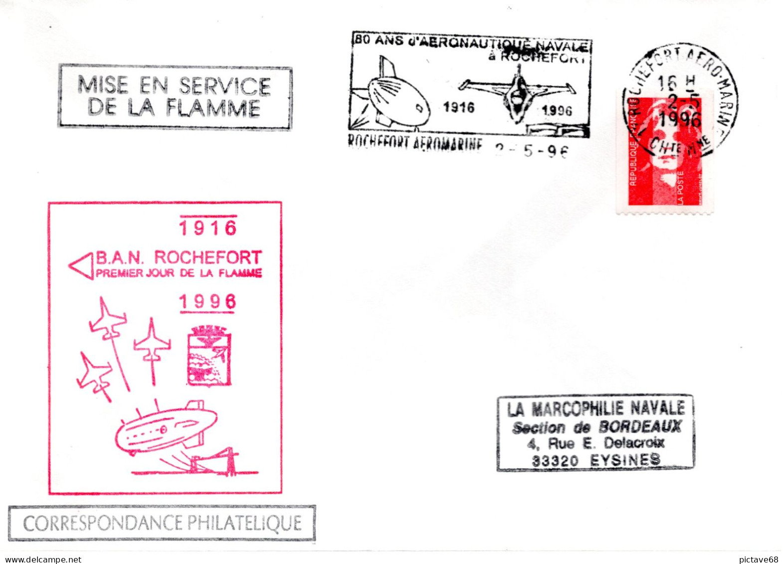 FRANCE / MILITARIA / ENVELOPPE MISE ENSERVICE DE LA FLAMME ROCHEFORT AEROMARINE 1996 - Oblitérations Mécaniques (flammes)