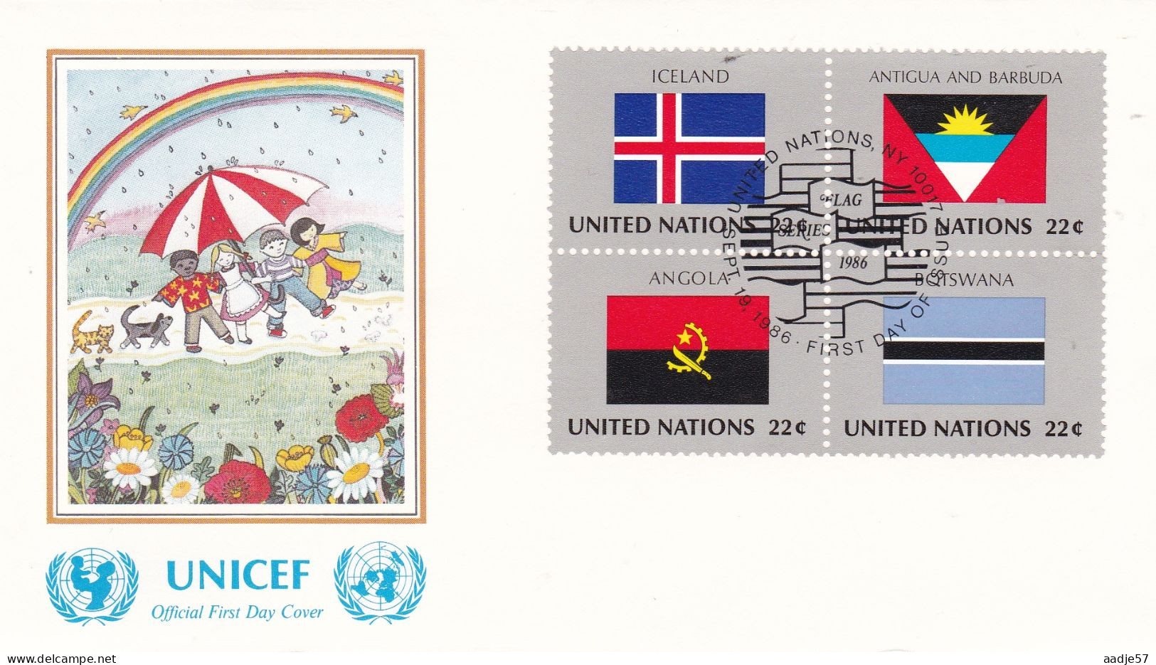 United Nations  1986  Iceland; Antigua And Barbuda; Angola; Botswana On Cover Flag Of The Nations - Enveloppes