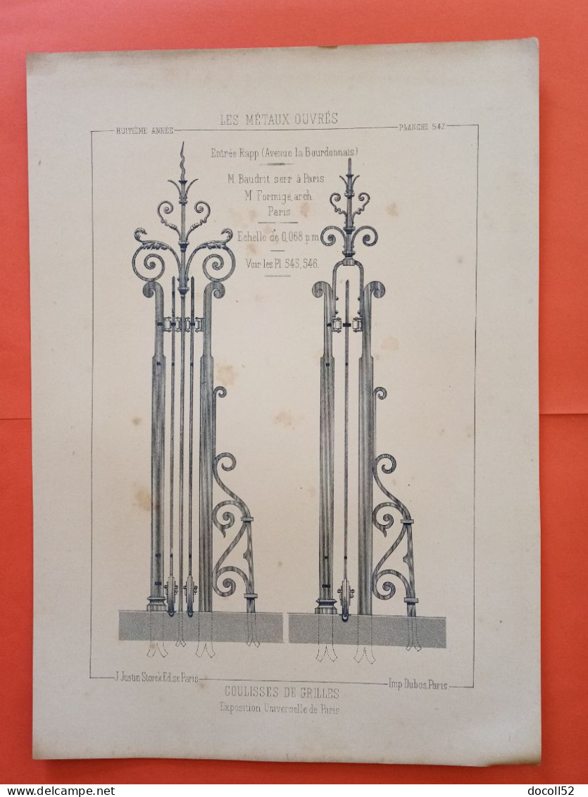 LES METAUX OUVRES 1889 LITHO FER FONTE CUIVRE ZINC " Coulisses De Grille Exposition Universelle à Paris " 1 PLANCHE - Architecture