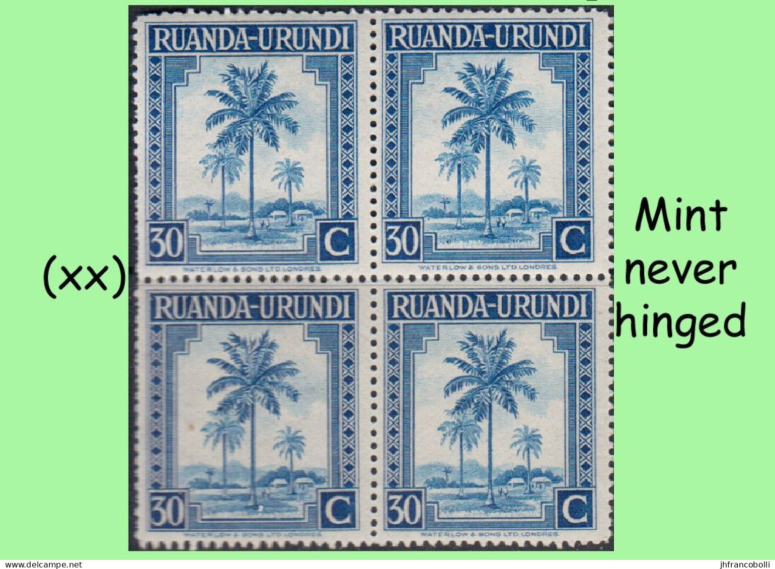 1942 ** RUANDA-URUNDI = RU 131 MNH PALM OIL SET BLUE TREE ( BLOCK X 4 STAMPS WITH ORIGINAL GUM + PAGE BORDER ) - Nuovi