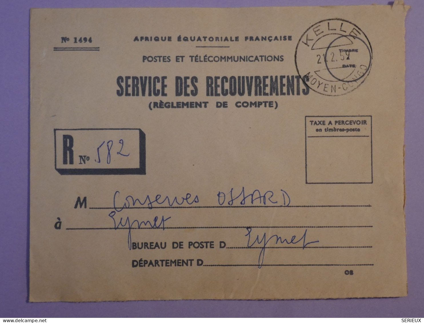 AU23  AEF   BELLE LETTRE  RECOUVREMENT POSTES 1959  A EYMET  ++AFF. PLAISANT + - Covers & Documents