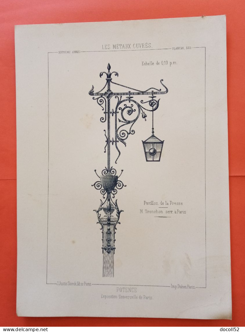 LES METAUX OUVRES 1889 LITHO FER FONTE CUIVRE ZINC " Potence Pavillon Presse Exposition Universelle à Paris " 1 PLANCHE - Architecture