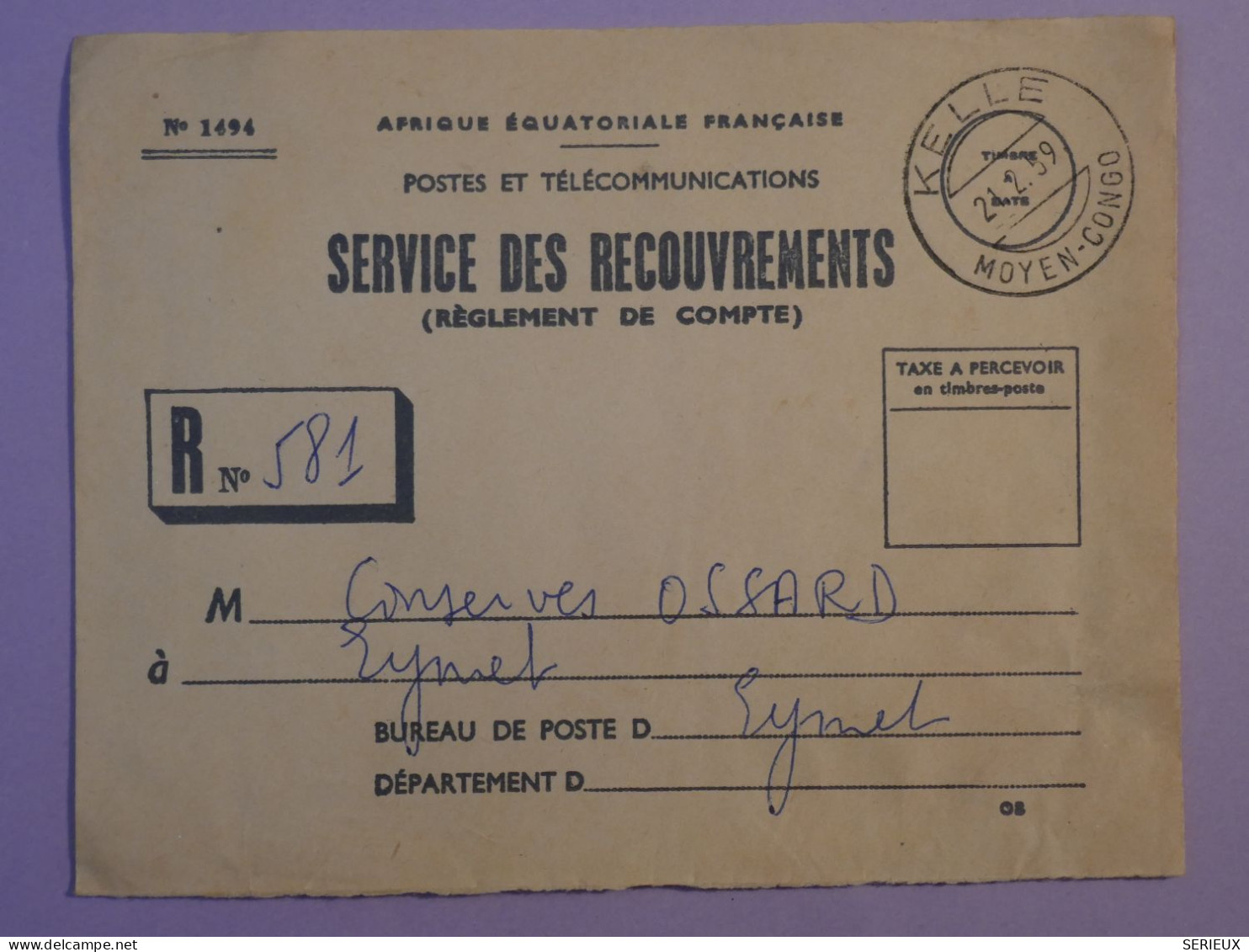 AU23  AEF   BELLE LETTRE  RECOUVREMENT POSTES 1957 KELLE   A EYMET  ++AFF. PLAISANT + - Lettres & Documents
