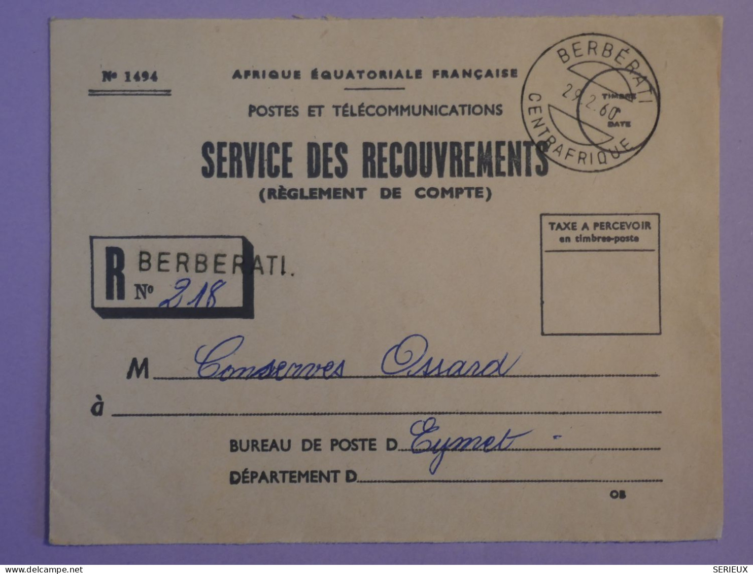 AU23  AEF M. CONGO   BELLE LETTRE  RECOUVREMENT POSTES 1957 PETIT BUREAU BERBERATIA EYMET  ++AFF. PLAISANT + - Briefe U. Dokumente