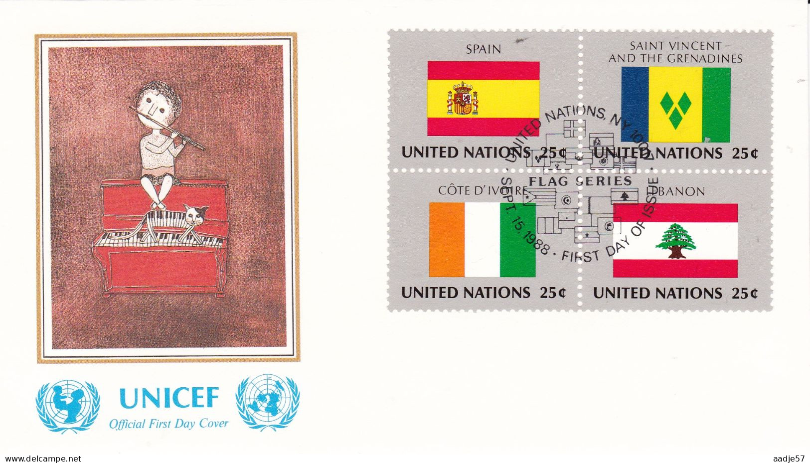 United Nations  1988  Spain; Saint Vincent; Cote D'ivor; Libanon On Cover Flag Of The Nations - Enveloppes