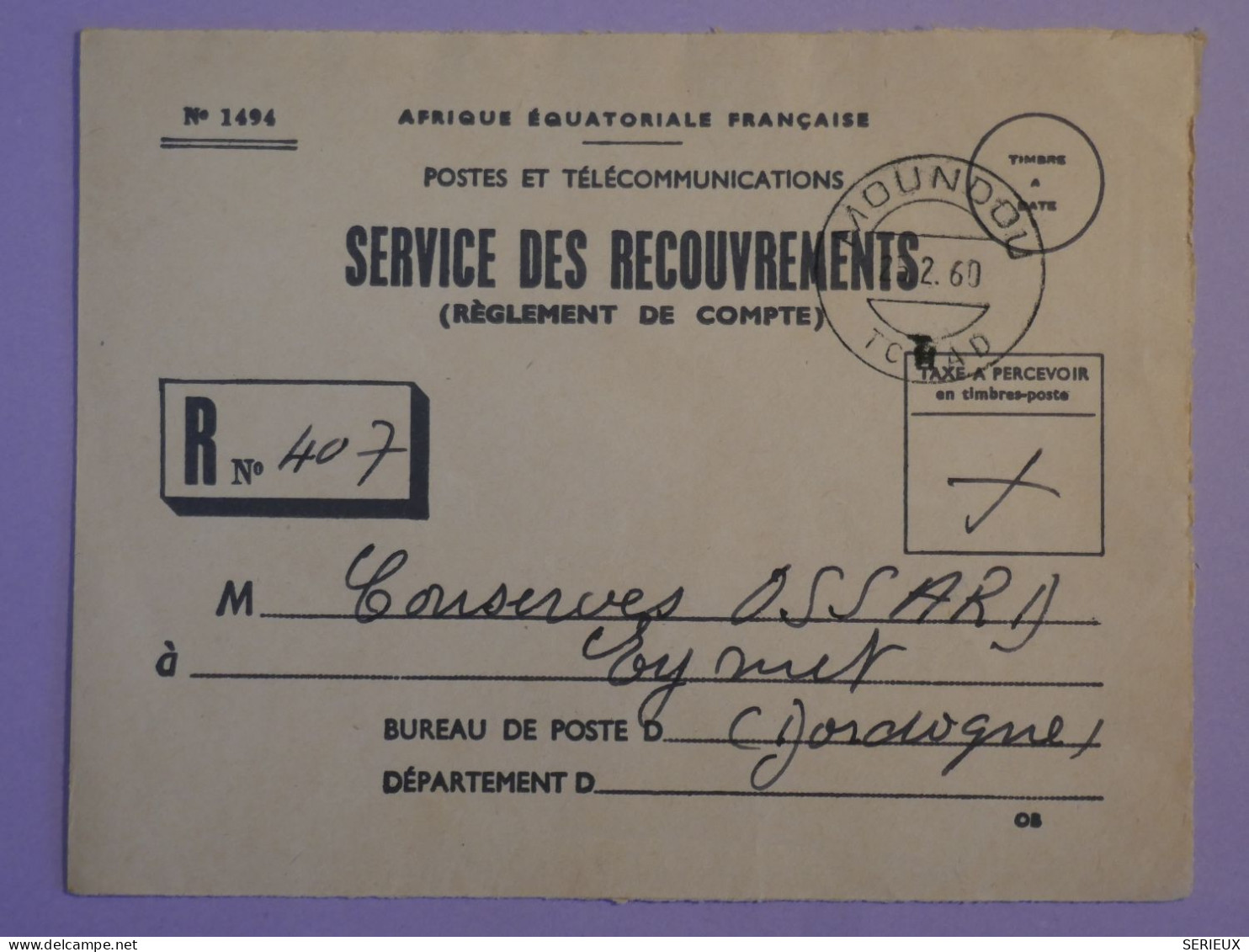 AU23  TCHAD    BELLE LETTRE  RECOUVREMENT POSTES 1960 PETIT BUREAU  MOUNDOU A EYMET FRANCE   ++AFF. PLAISANT + - Briefe U. Dokumente