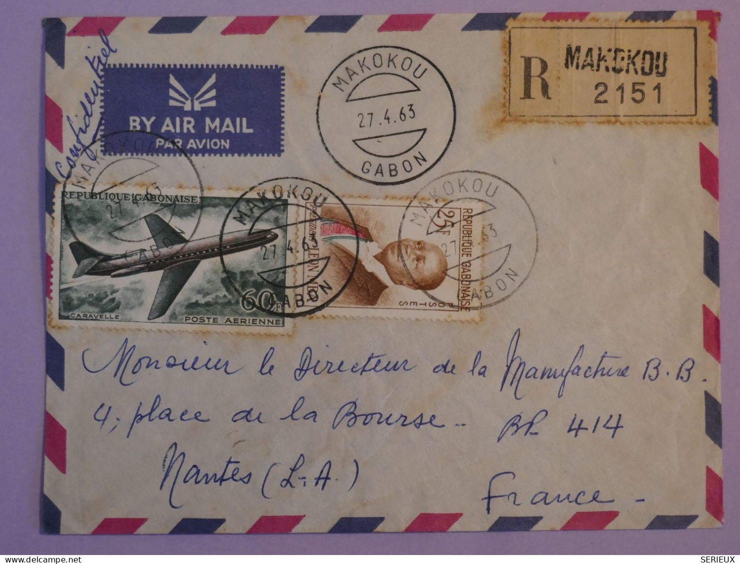 AU23  AEF GABON  BELLE LETTRE  RECO 1963 PETIT BUREAU  MAKOKOU  A  NANTES FRANCE   ++AFF. PLAISANT + - Brieven En Documenten