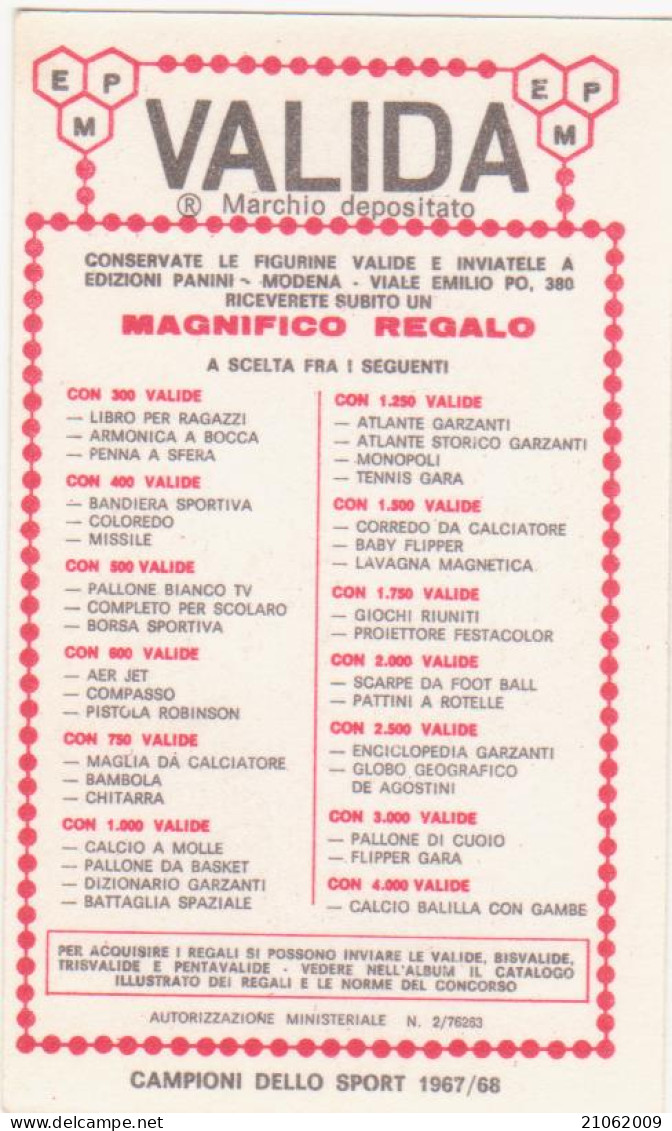 296 GINNASTICA - LUIGI CIMNAGHI - VALIDA - CAMPIONI DELLO SPORT 1967-68 PANINI STICKERS FIGURINE - Gymnastique