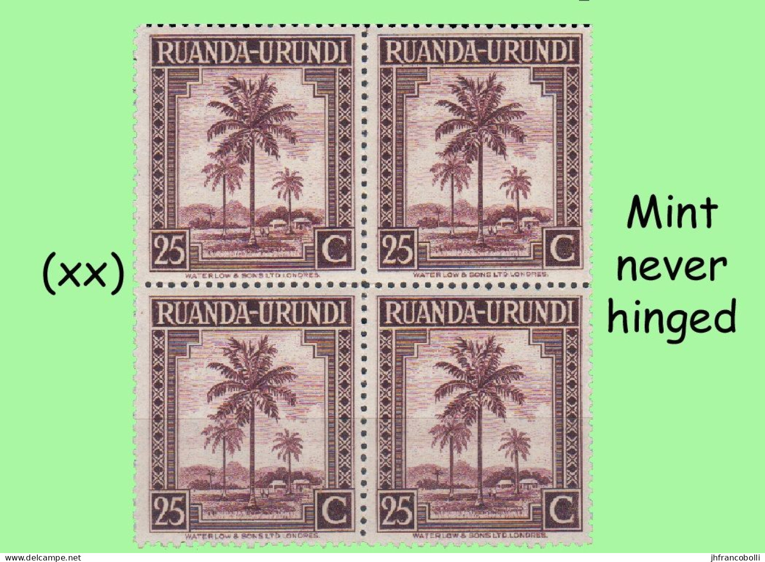 1942 ** RUANDA-URUNDI = RU 130 MNH PALM OIL SET BLUE TREE ( BLOCK X 4 STAMPS WITH ORIGINAL GUM + PAGE BORDER ) - Nuevos