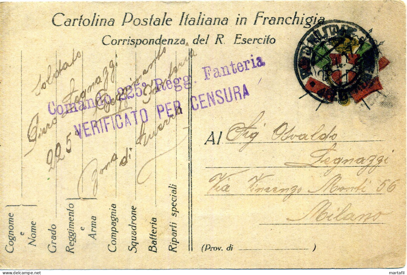 Franchigia, 1917 Posta Militare, 225° Reggimento Fanteria, Milano - Franchise