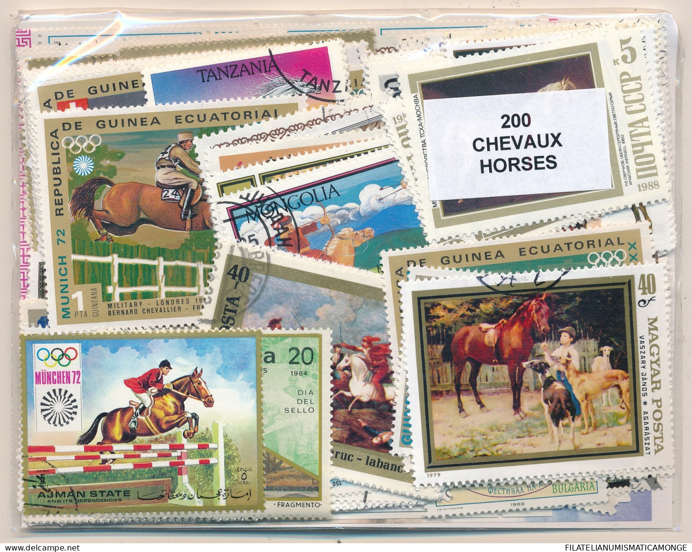 Offer   Lot Stamp - Paqueteria -   200 Sellos Diferentes Caballos  (Mixed Cond - Vrac (max 999 Timbres)