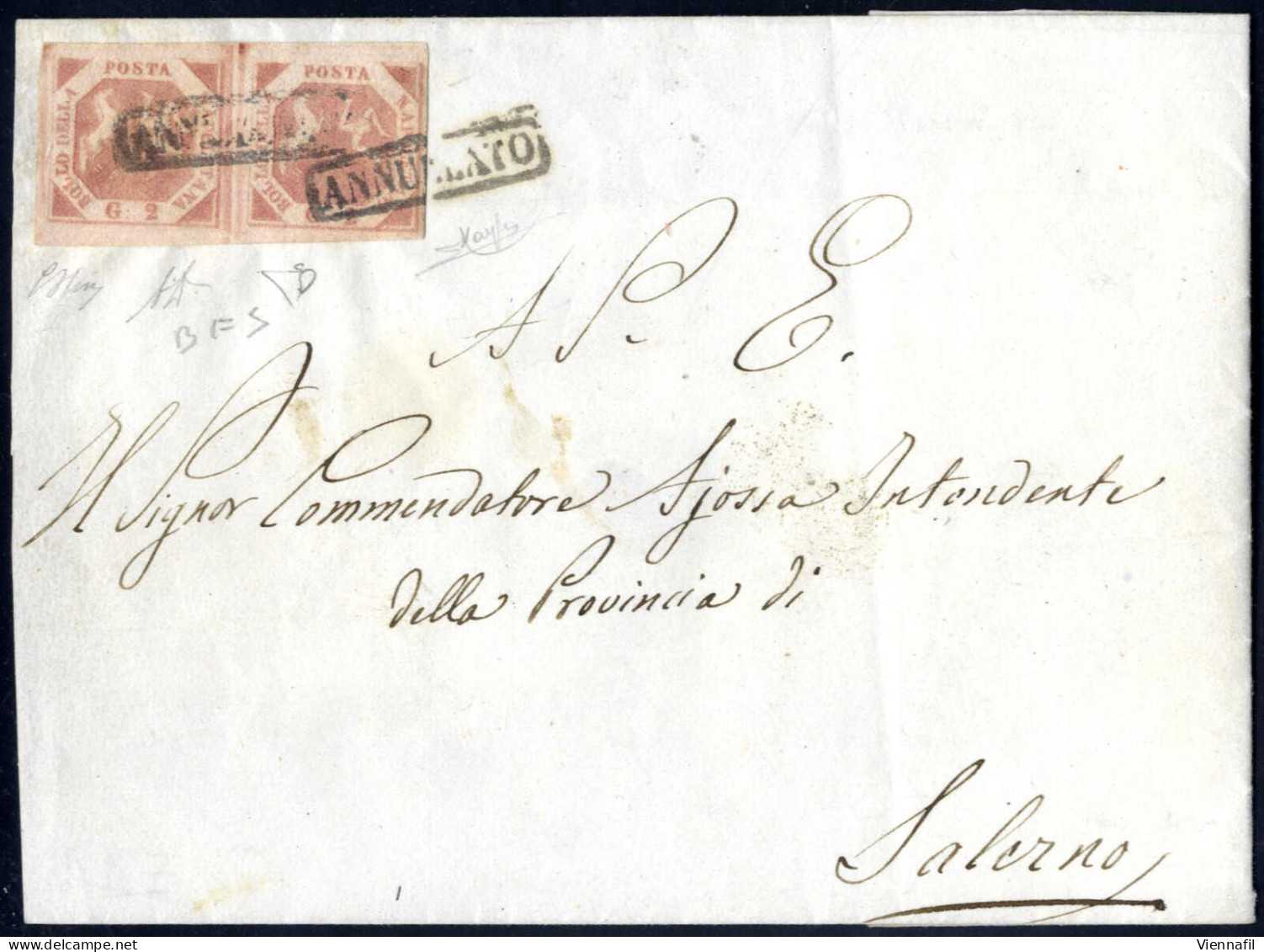 Cover 1858, Lettera Del 7.8.1858 Da Napoli A Salerno, Affrancata Con Una Coppia Orizzontale Del 2 Grana Rosa Brunastro,  - Naples