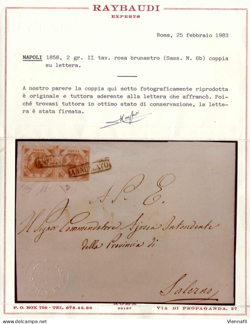 Cover 1858, Lettera Del 7.8.1858 Da Napoli A Salerno, Affrancata Con Una Coppia Orizzontale Del 2 Grana Rosa Brunastro,  - Naples