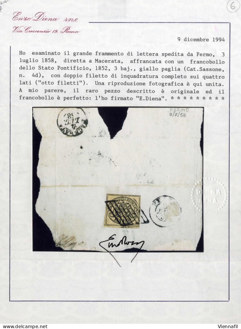 Piece 1858, Grande Frammento Di Lettera Del 3.7.1858 Da Fermo A Macerata, Affrancato Con 3 Baj. Giallo Paglia Chiaro Con - Papal States