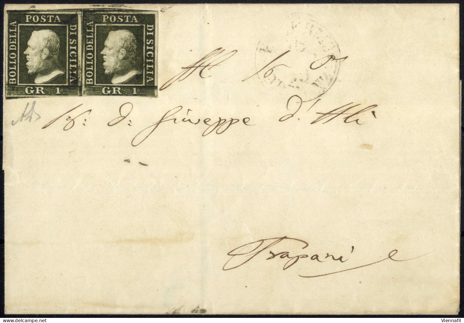 Cover 1859, Lettera Del 16 ... 1859 Da Palermo A Trapani, Affrancata Con Una Coppia Orizzontale Dell' 1 Grano Verde Oliv - Sicily