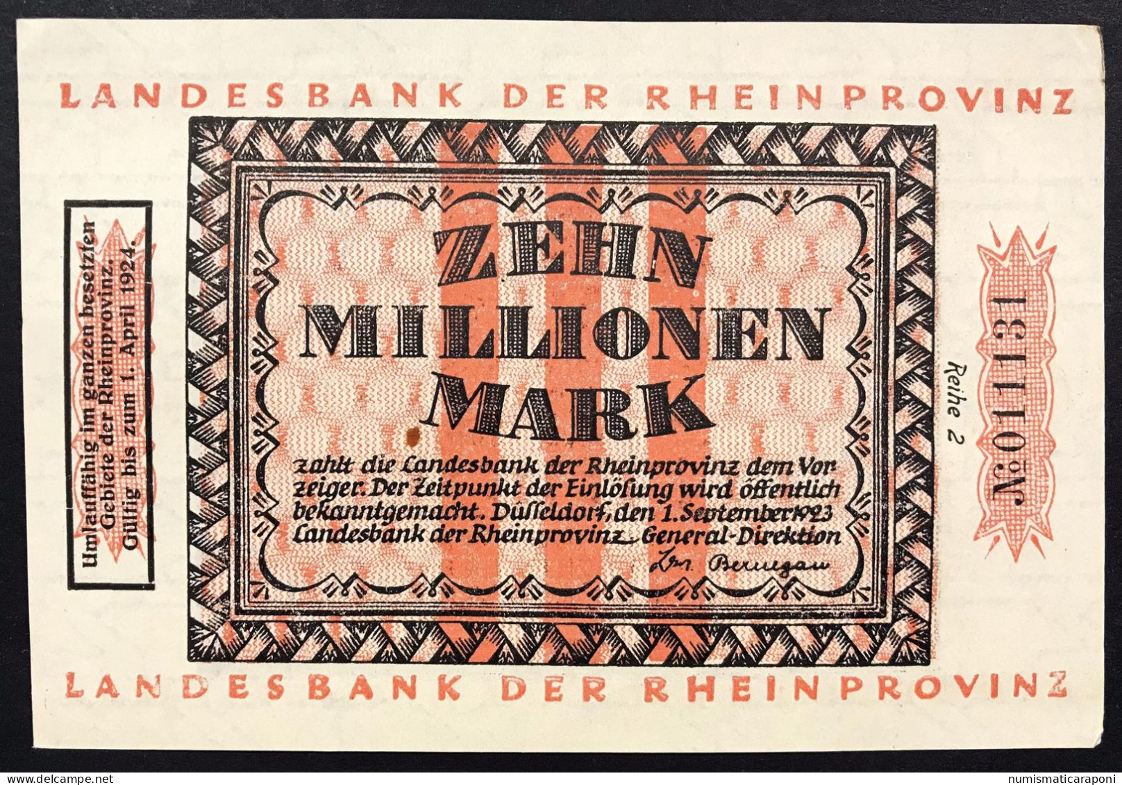 GERMANIA ALEMANIA GERMANY 10 Millionen Mark 1924 Rheinprovinz  LOTTO 4535 - Amministrazione Del Debito